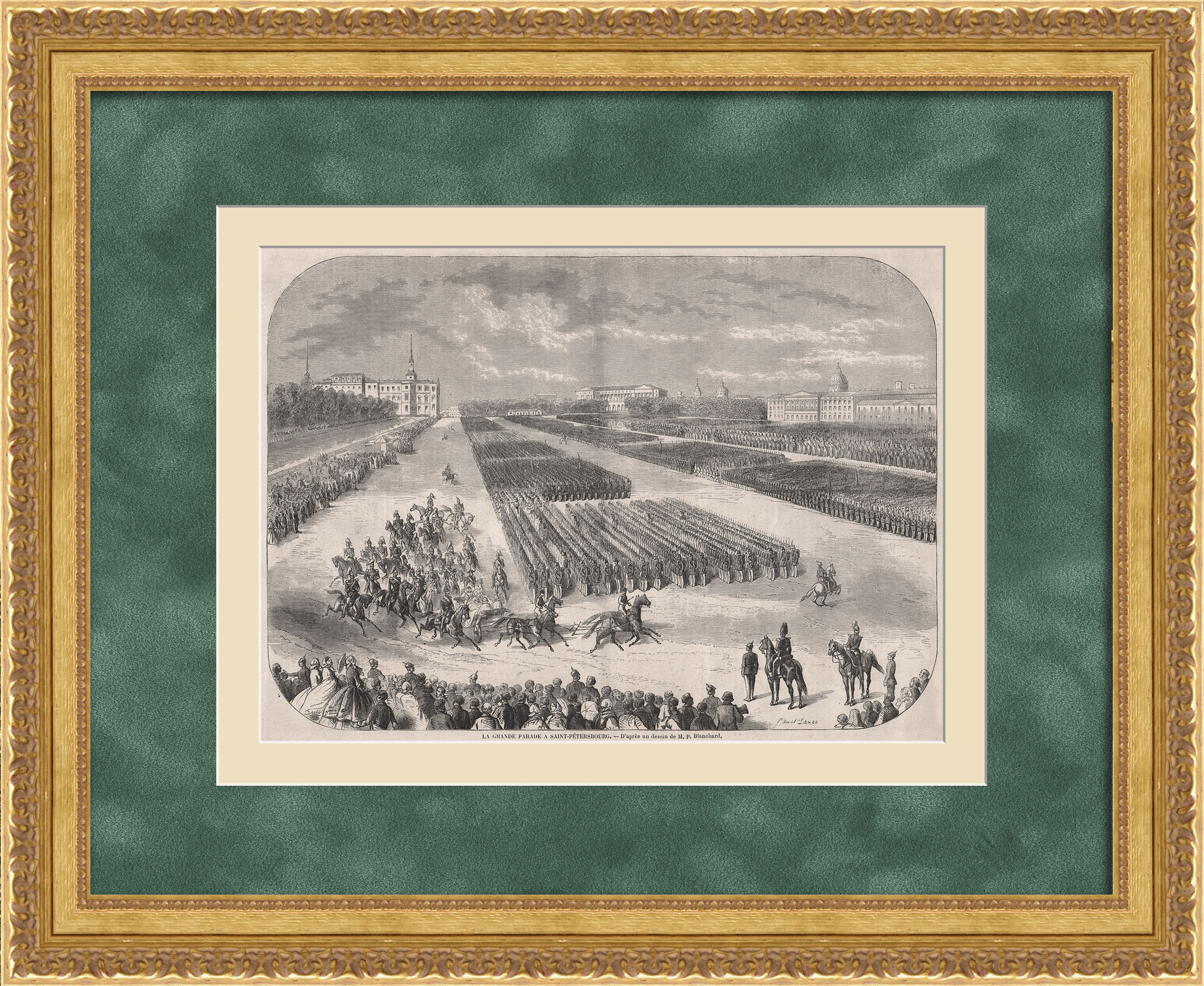 Военный парад на Марсовом поле, Санкт-Петербург. Старинная гравюра 19 века Военный парад на Марсовом поле, Санкт-Петербург. Старинная гравюра 19 века