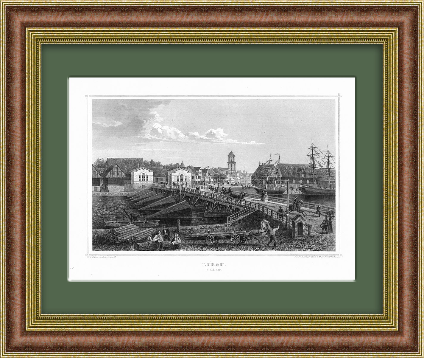 Город Лиепая в Латвии (Курляндия). Гравюра на стали, 19 век Город Лиепая в Латвии (Курляндия). Гравюра на стали, 19 век