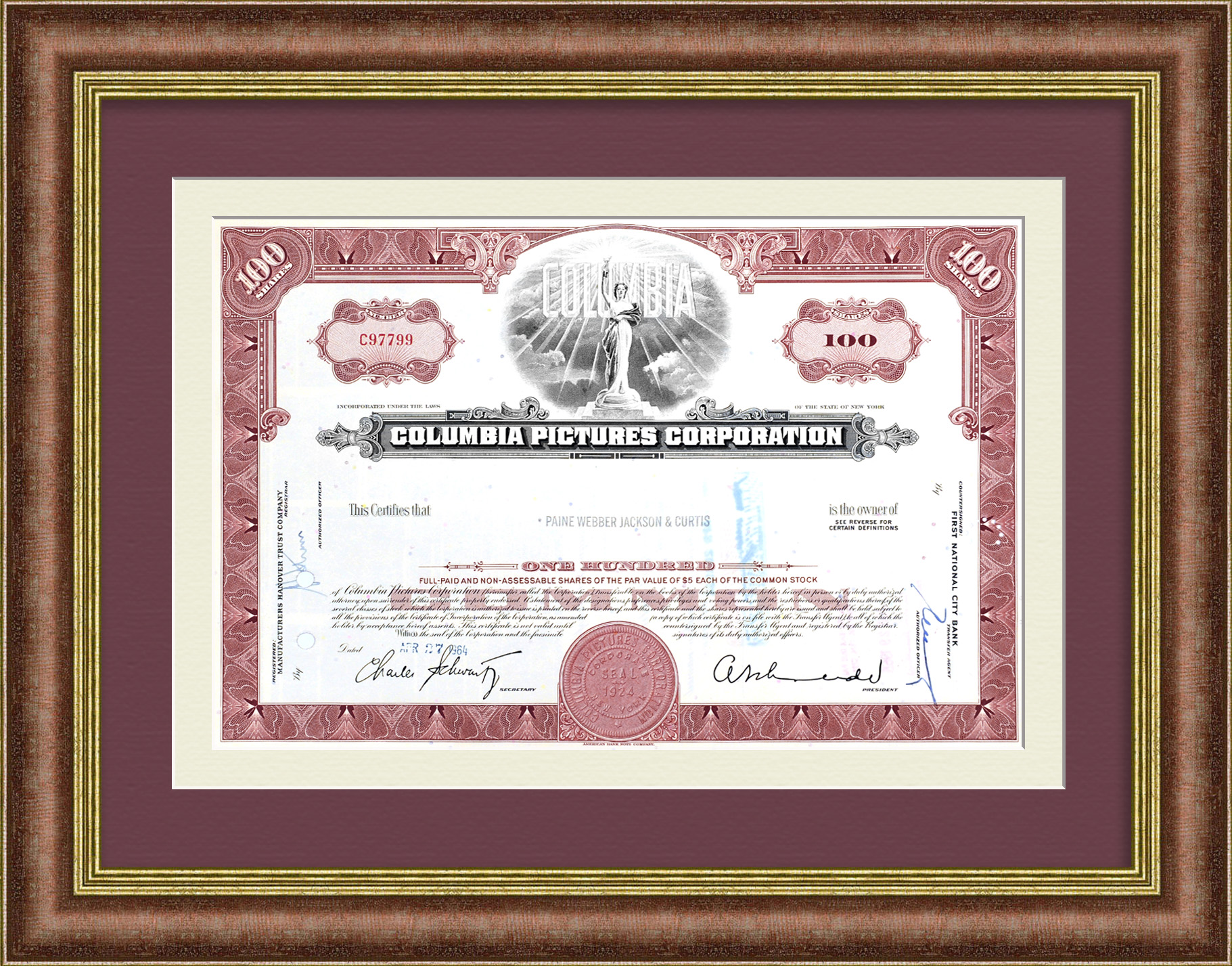 Columbia Pictures Corporation, киноиндустрия. Сертификат на 100 акций 1964 года Columbia Pictures Corporation, киноиндустрия. Сертификат на 100 акций 1964 года