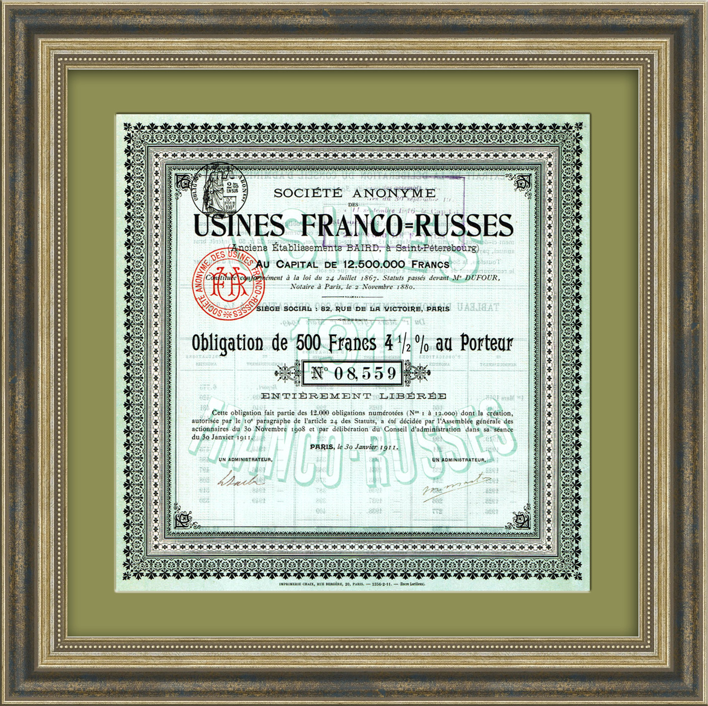 Облигация общества Франко-русских заводов 1911 года (вошли в Адмиралтейские Верфи, бывшие заводы Берда в Санкт-Петербурге) Облигация общества Франко-русских заводов 1911 года (вошли в Адмиралтейские Верфи, бывшие заводы Берда в Санкт-Петербурге)