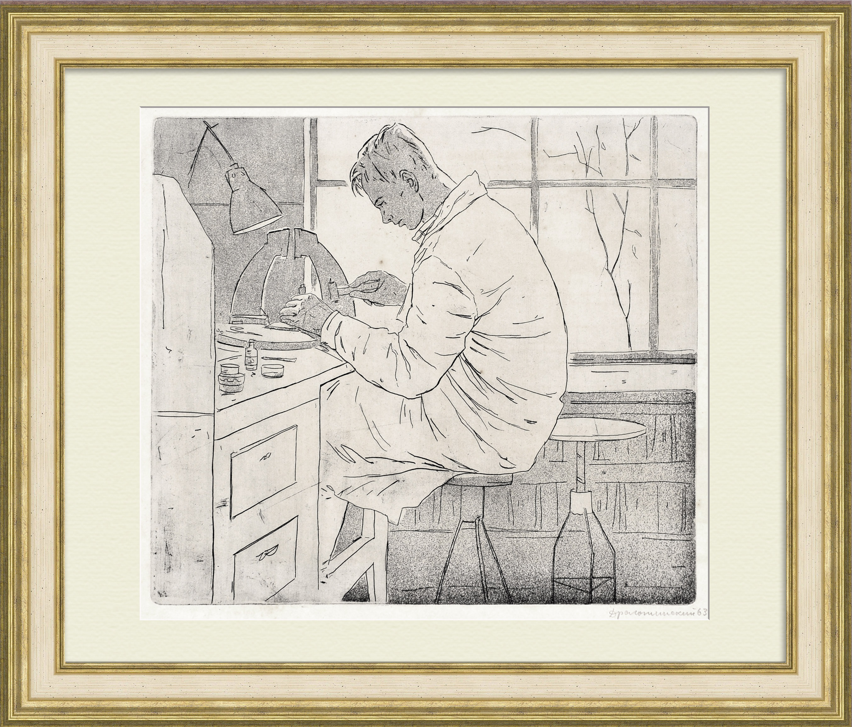 В опытной лаборатории геологии, редкая, авторская гравюра В опытной лаборатории геологии, редкая, авторская гравюра