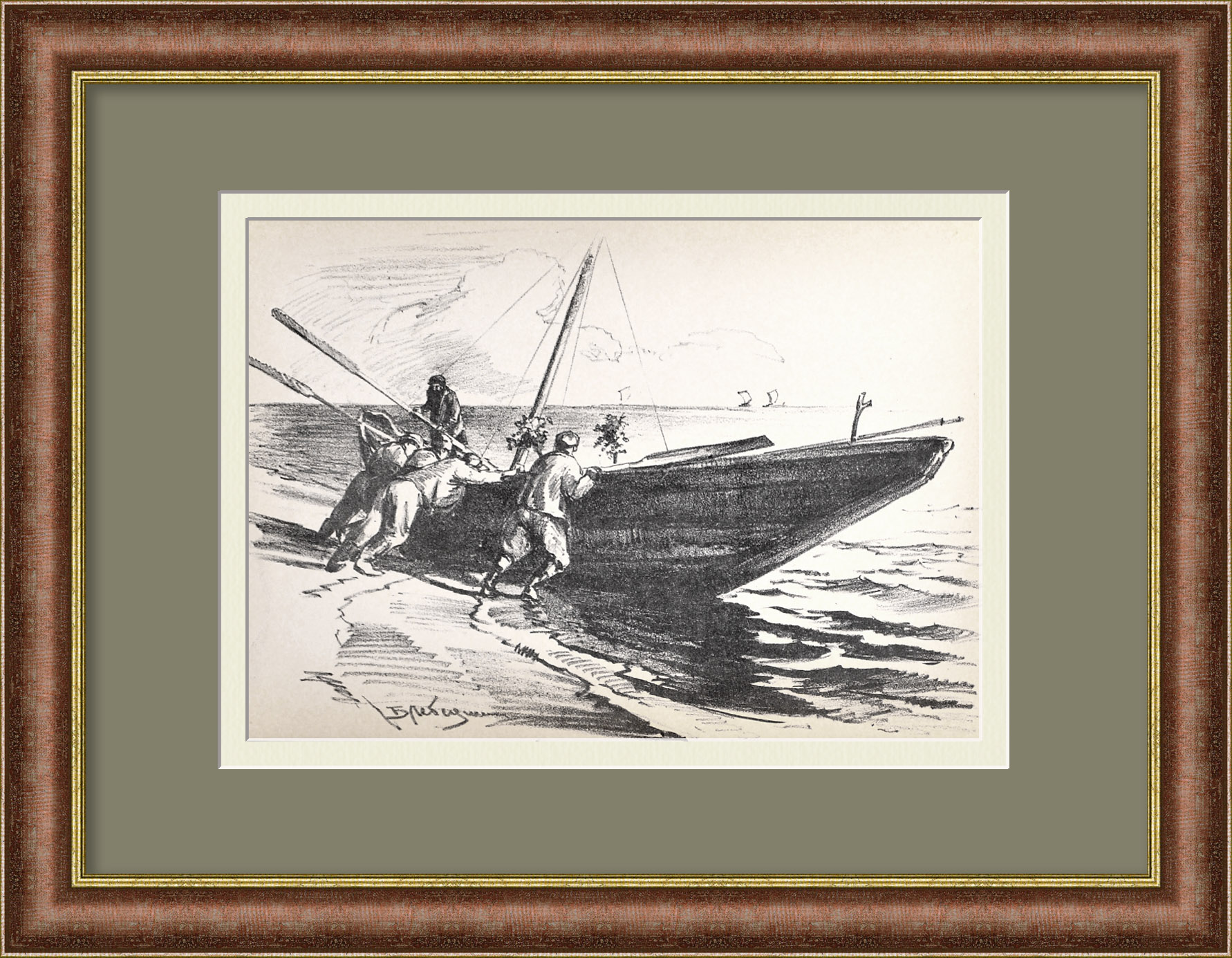 Байкал. Выход рыбаков на лов. Редкая, старинная литография Байкал. Выход рыбаков на лов. Редкая, старинная литография