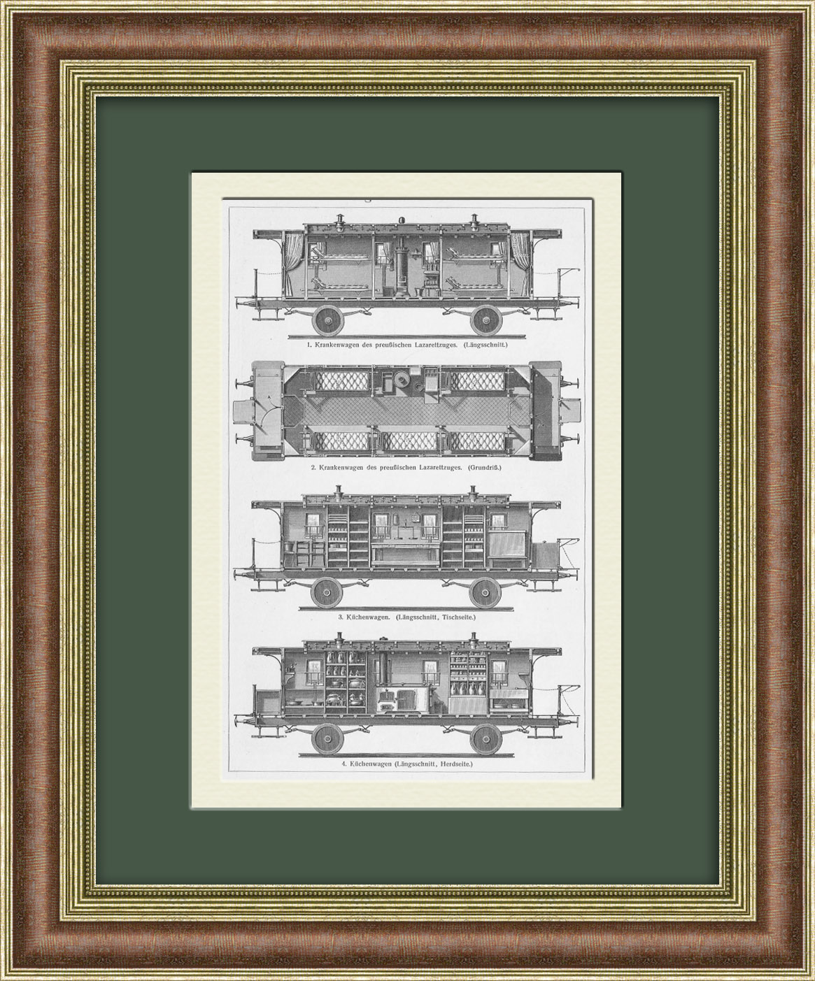 Вагоны санитарного поезда. Старинная литография в раме Вагоны санитарного поезда. Старинная литография в раме