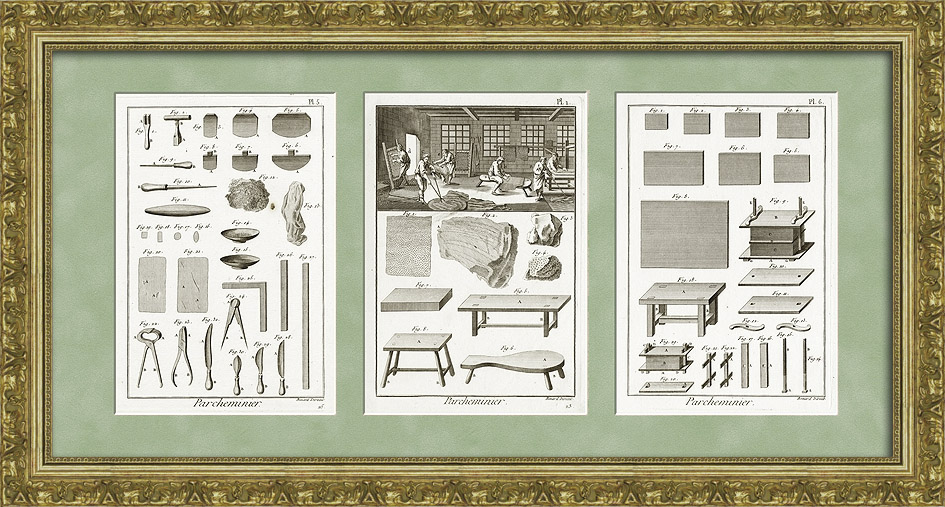 Изготовление пергамента. Антикварные гравюры, 1770-е гг. Изготовление пергамента. Антикварные гравюры, 1770-е гг.