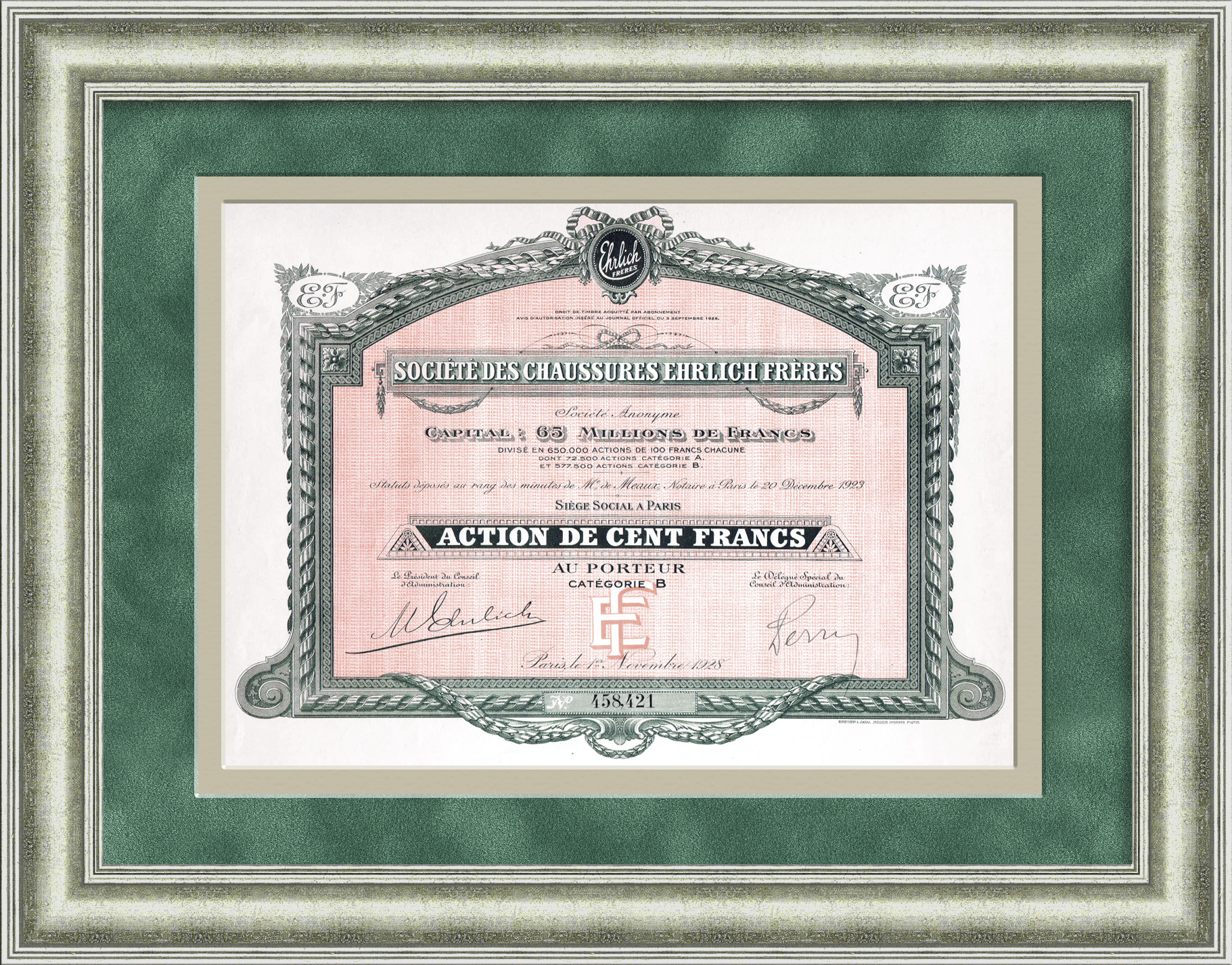 Акция обувной компании братьев Эрлих Ehrlich Freres, 1928 год Акция обувной компании братьев Эрлих Ehrlich Freres, 1928 год