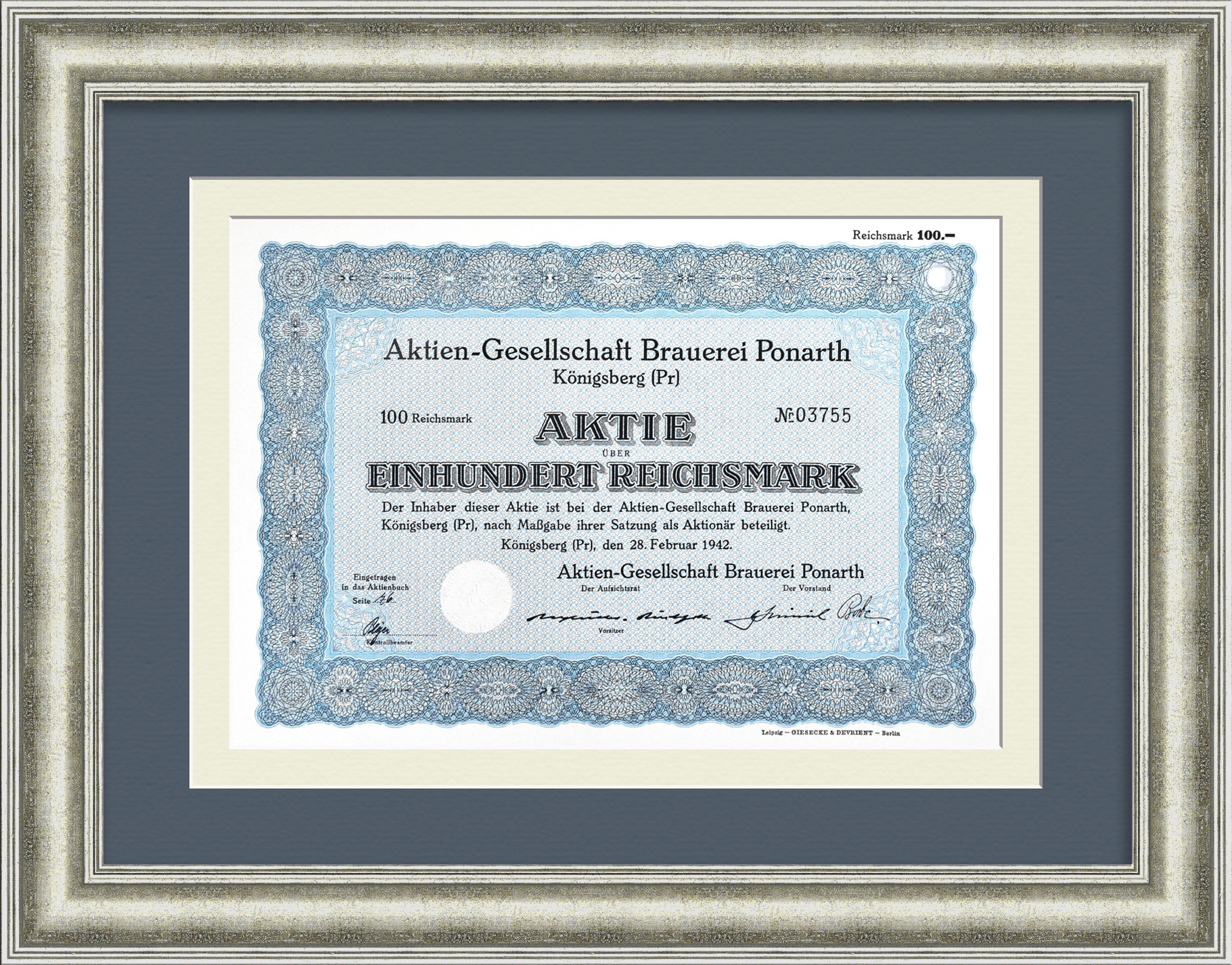 Пивоварня Понарт в Калининграде. Акция на 100 рейхсмарок 1942 года Пивоварня Понарт в Калининграде. Акция на 100 рейхсмарок 1942 года