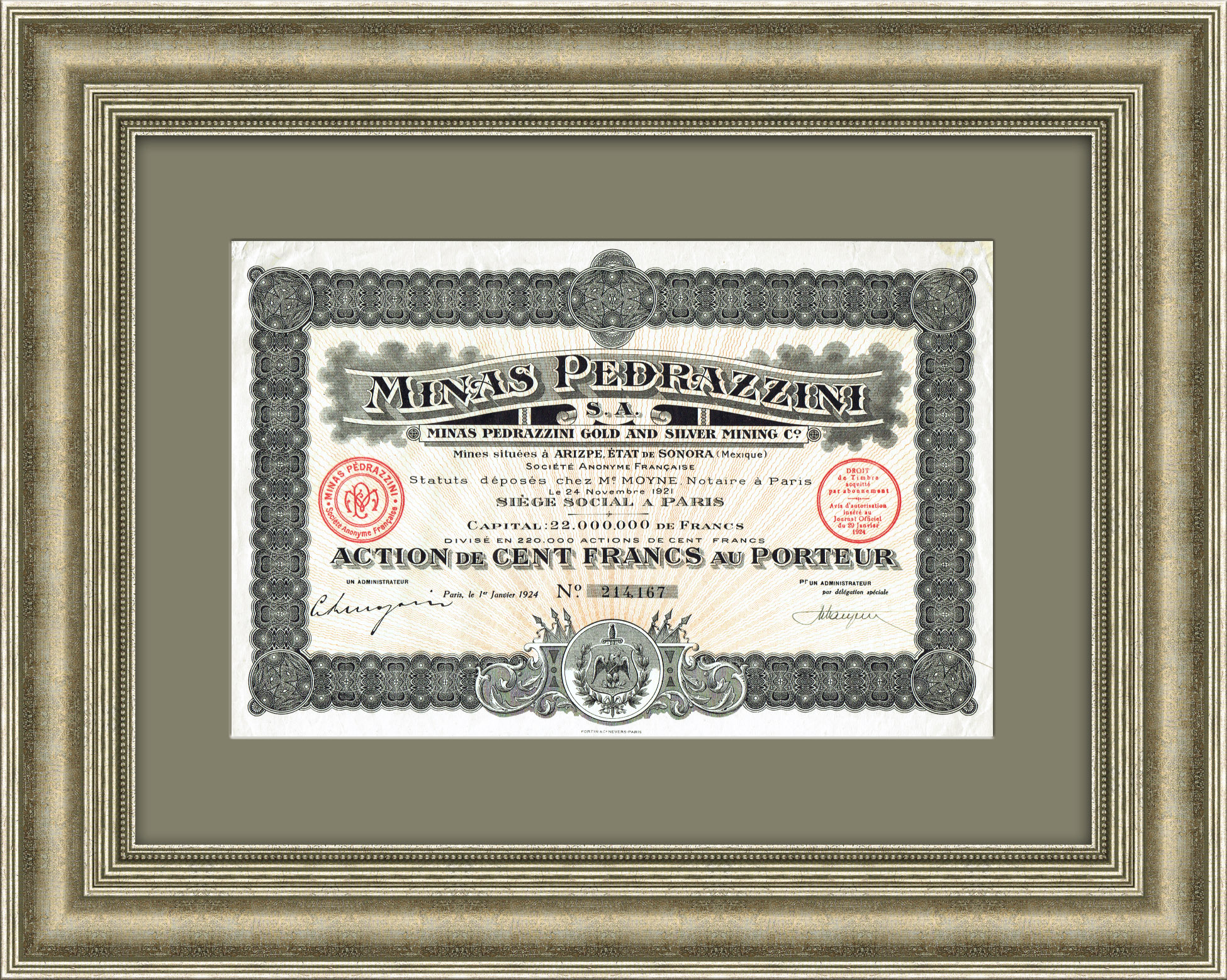 Добыча золота и серебра: акция Minas Pedrazzini на 100 франков, 1924 год Добыча золота и серебра: акция Minas Pedrazzini на 100 франков, 1924 год