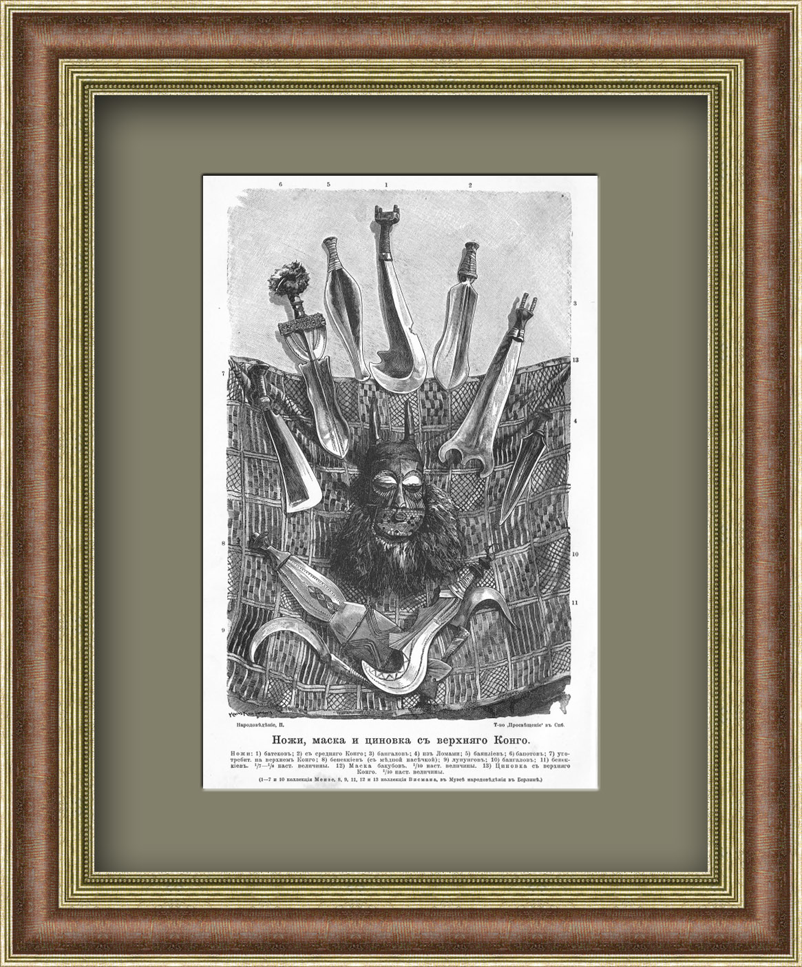 Ножи, маска и циновка с верхнего Конго. Антикварная литография Ножи, маска и циновка с верхнего Конго. Антикварная литография