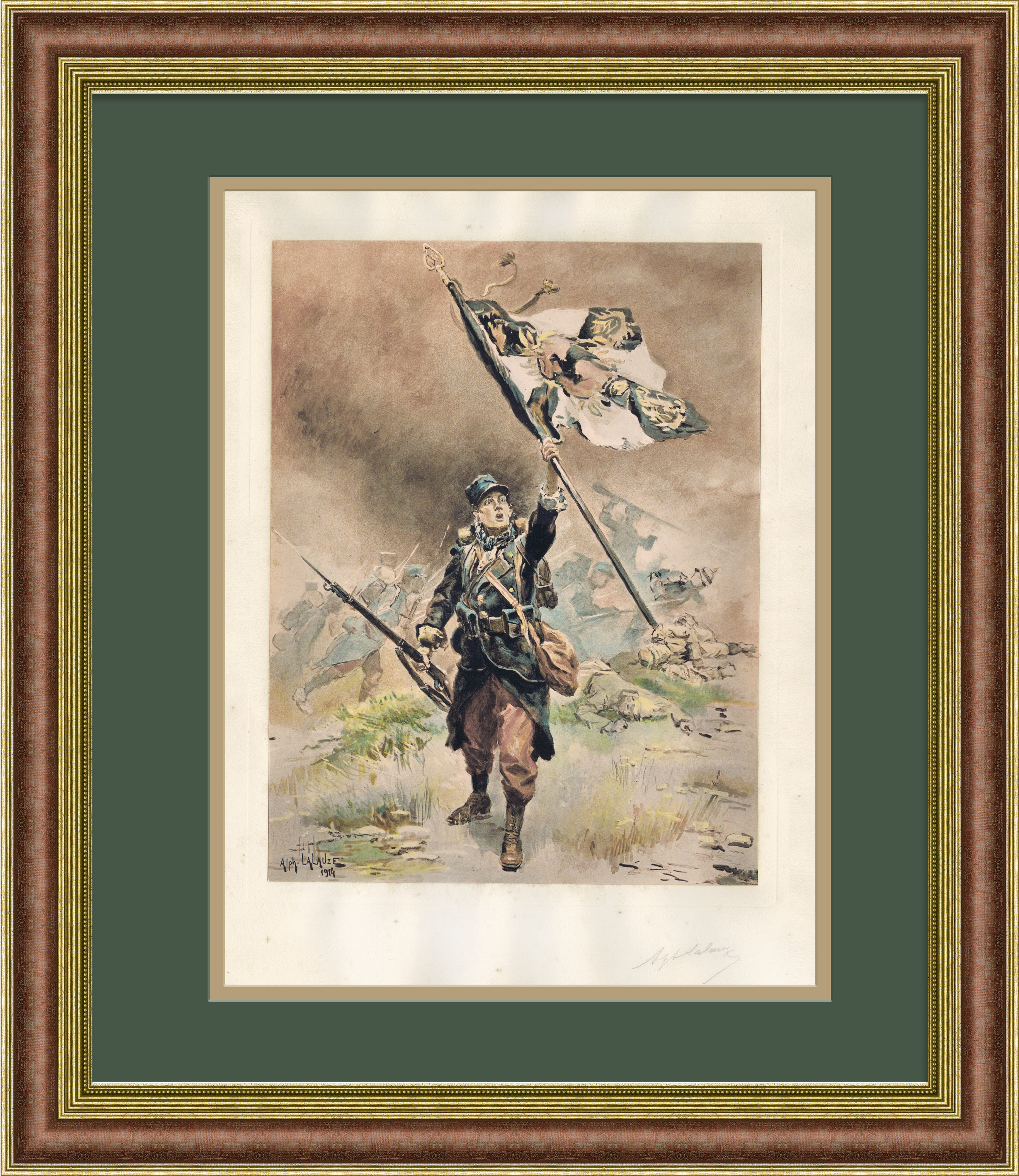 Первая мировая война, француз с трофейным флагом. Авторская литография Первая мировая война, француз с трофейным флагом. Авторская литография