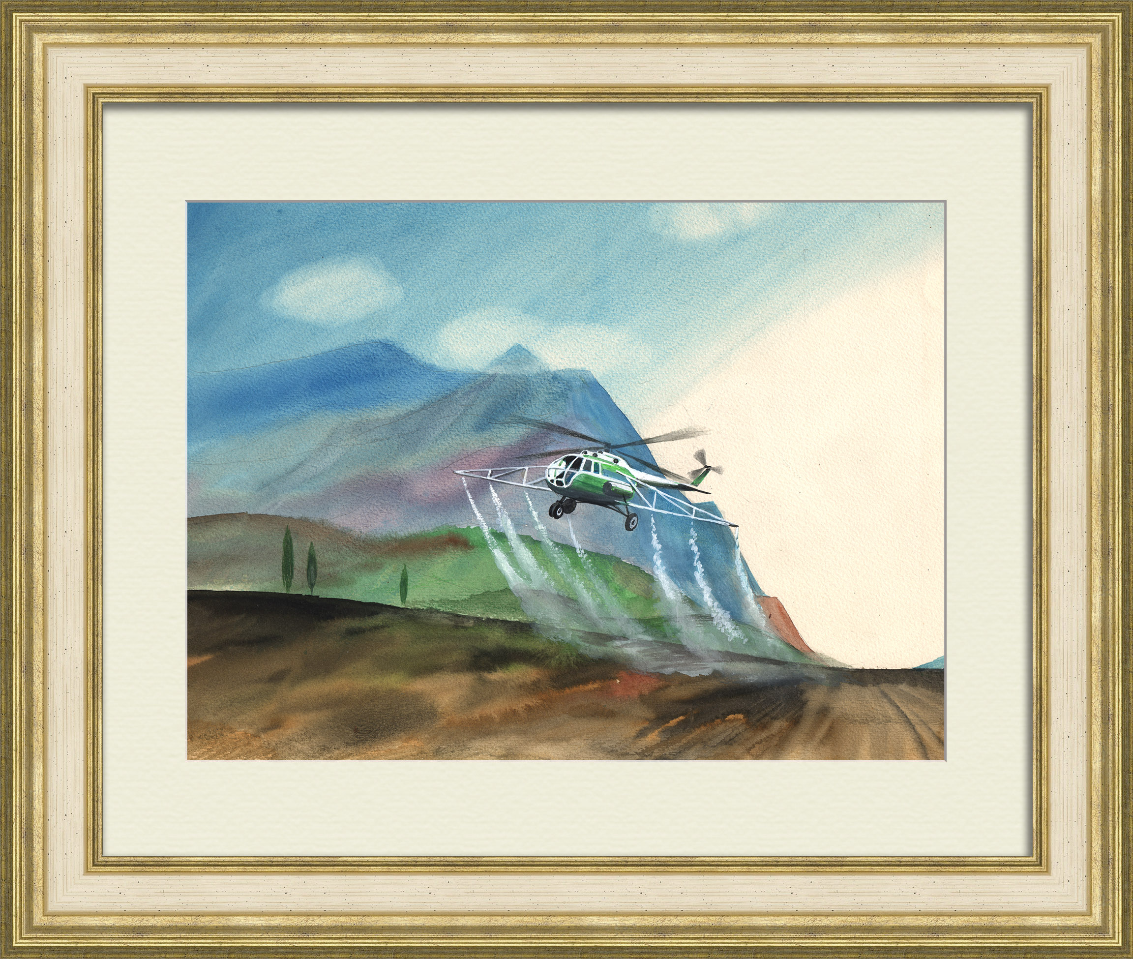 Авиация в сельском хозяйстве. Советская, авторская акварель Авиация в сельском хозяйстве. Советская, авторская акварель