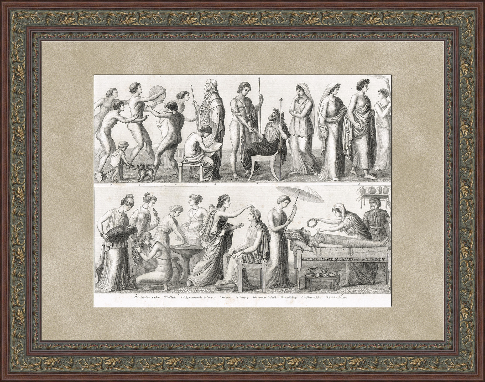 Жизнь в Древней Греции: костюмы и занятия. Старинная гравюра Жизнь в Древней Греции: костюмы и занятия. Старинная гравюра