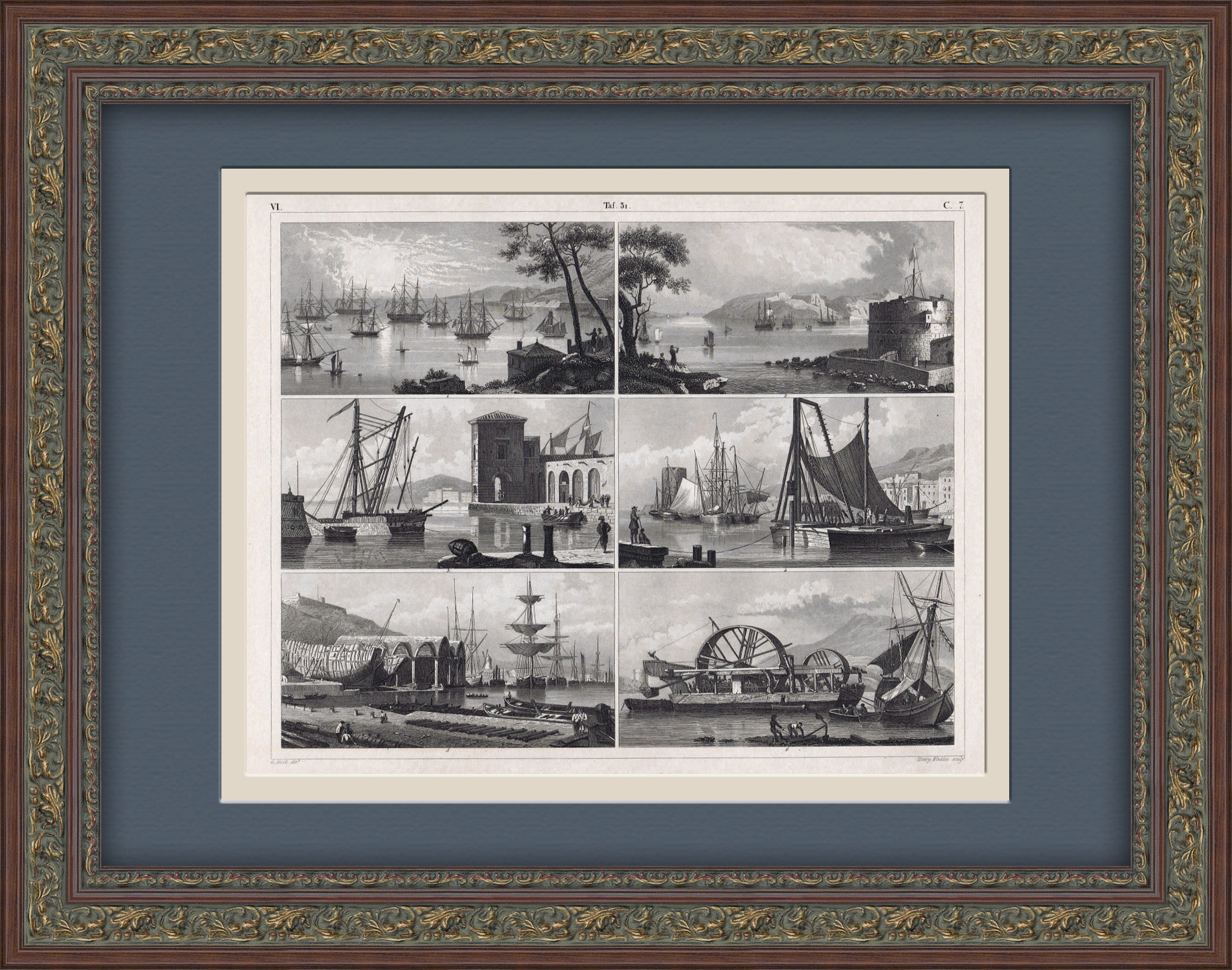 Морское дело: корабли в гавани. Гравюра на стали Морское дело: корабли в гавани. Гравюра на стали