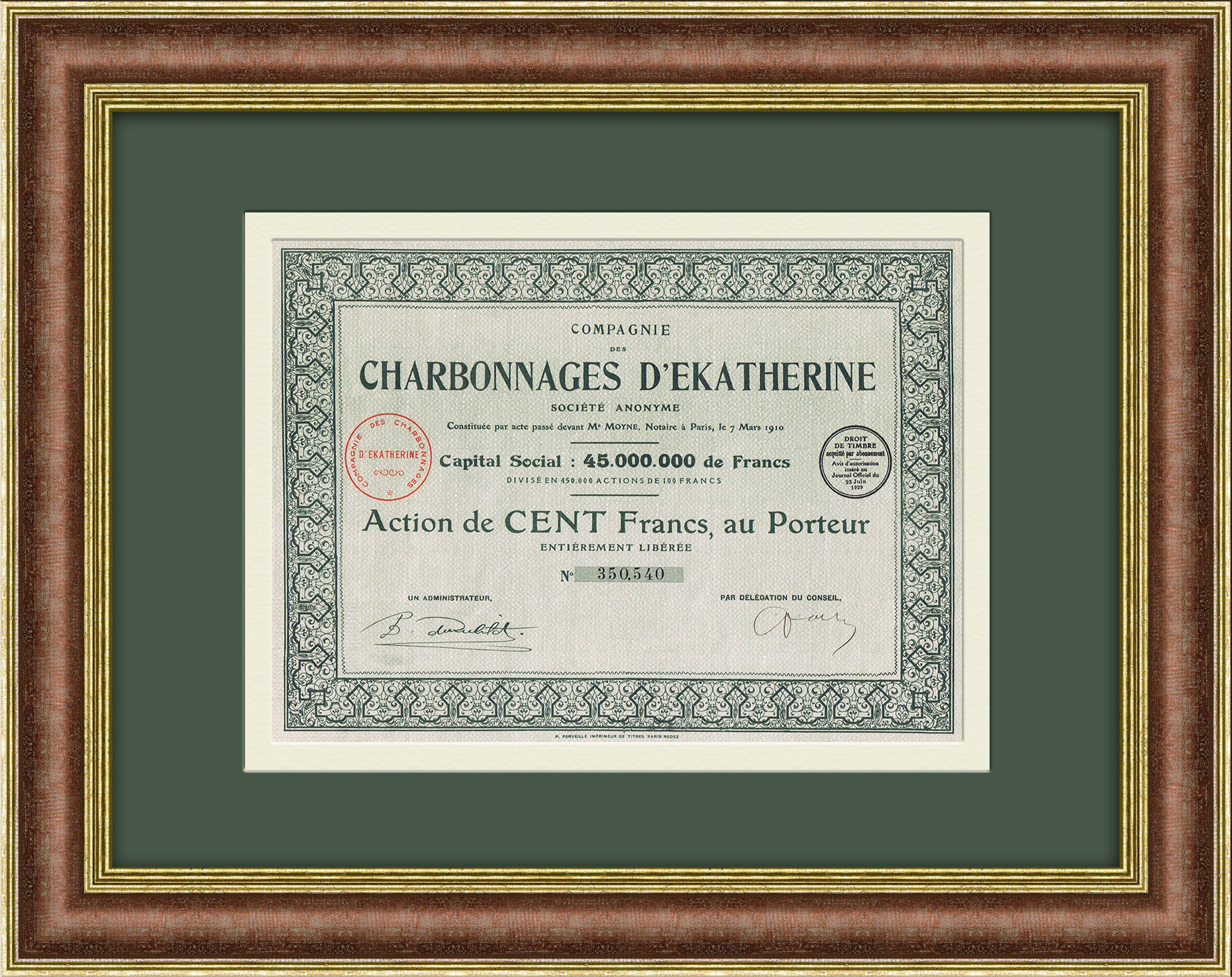 Екатерининские угольные шахты в России, акция в 100 франков 1910 года Екатерининские угольные шахты в России, акция в 100 франков 1910 года