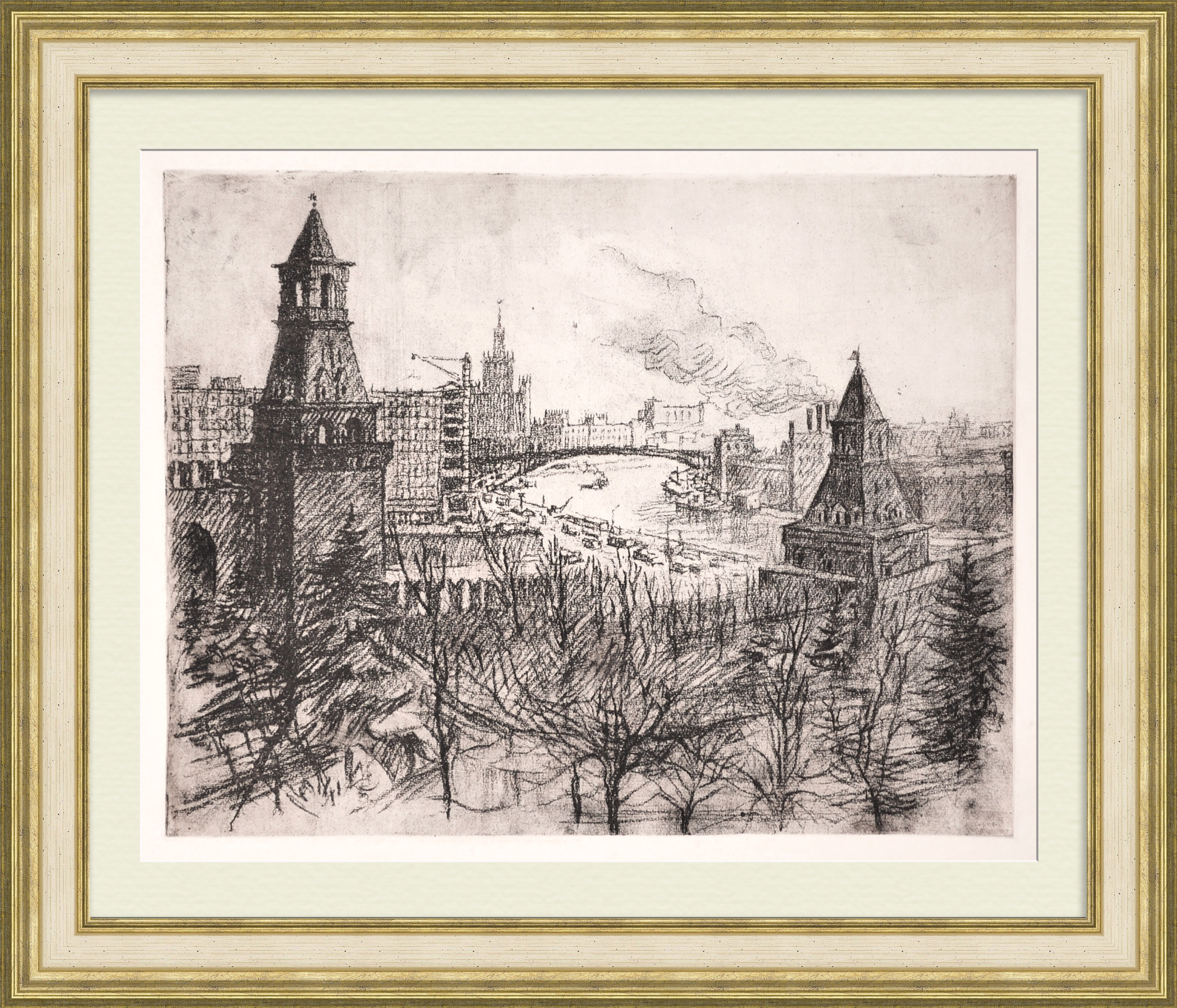 Строительство гостиницы «Россия». Вид на Котельническую набережную. Авторская, старинная гравюра Строительство гостиницы «Россия». Вид на Котельническую набережную. Авторская, старинная гравюра