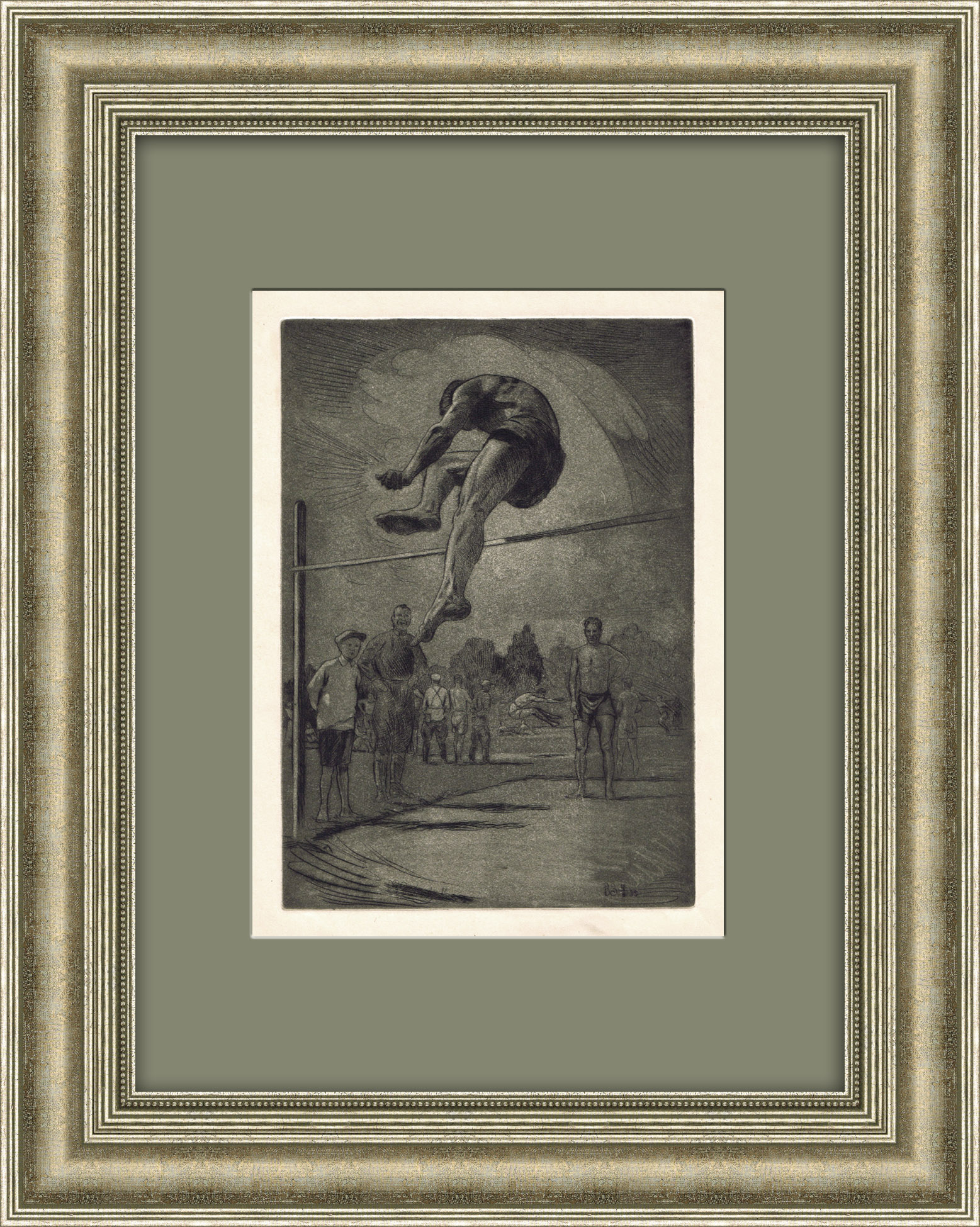 Прыжок в высоту. Авторский офорт В. Завьялова, заслуженного художника РСФСР Прыжок в высоту. Авторский офорт В. Завьялова, заслуженного художника РСФСР