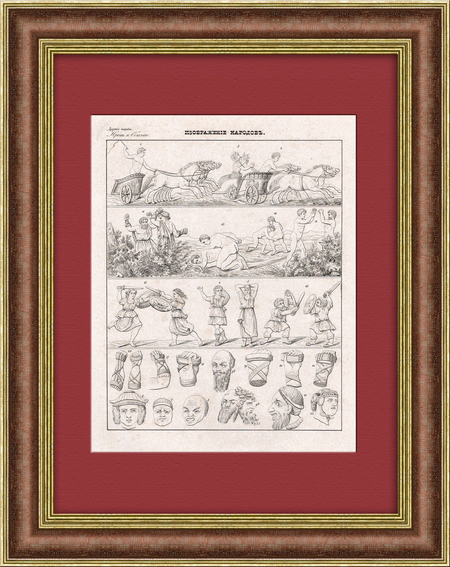 Спорт в античности: борьба, фехтование, гонки и др. Гравюра 1838 года Спорт в античности: борьба, фехтование, гонки и др. Гравюра 1838 года