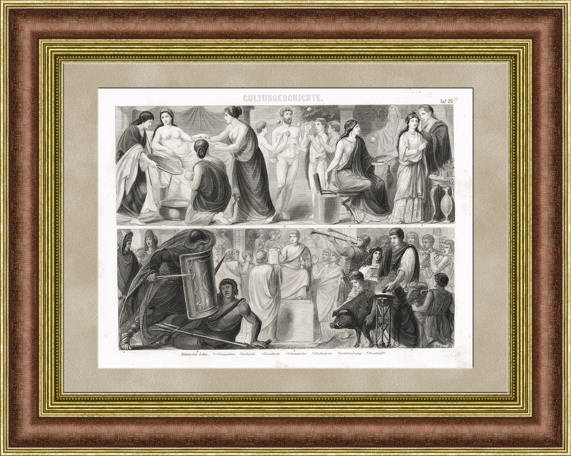 Жизнь в Древнем Риме: живопись, актерская игра, римское право и др. Антикварная гравюра Жизнь в Древнем Риме: живопись, актерская игра, римское право и др. Антикварная гравюра