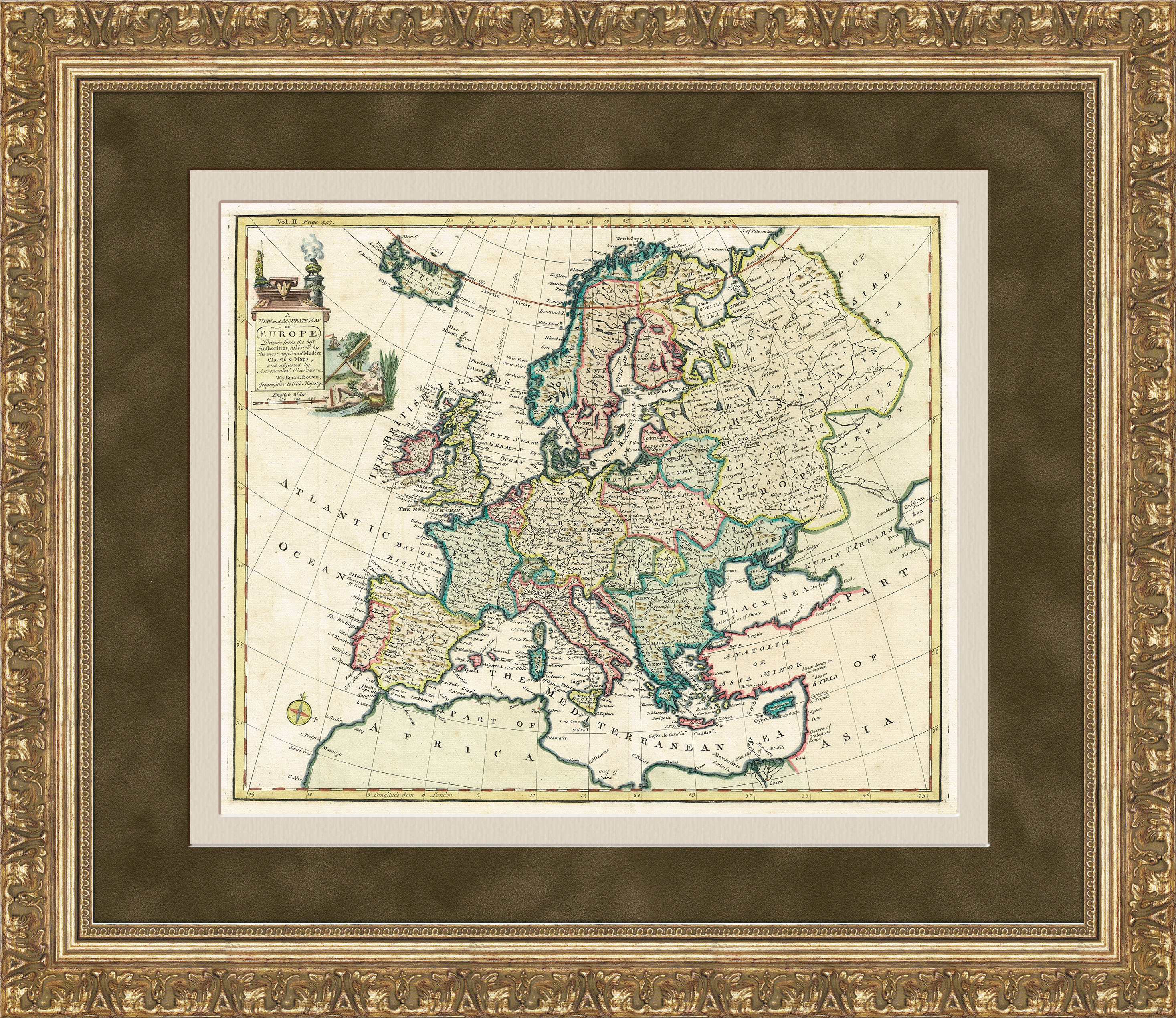 Большая гравированная карта Европы (включая европейскую часть России) картографа Эмануэля Боуна 1744 года Большая гравированная карта Европы (включая европейскую часть России) картографа Эмануэля Боуна 1744 года