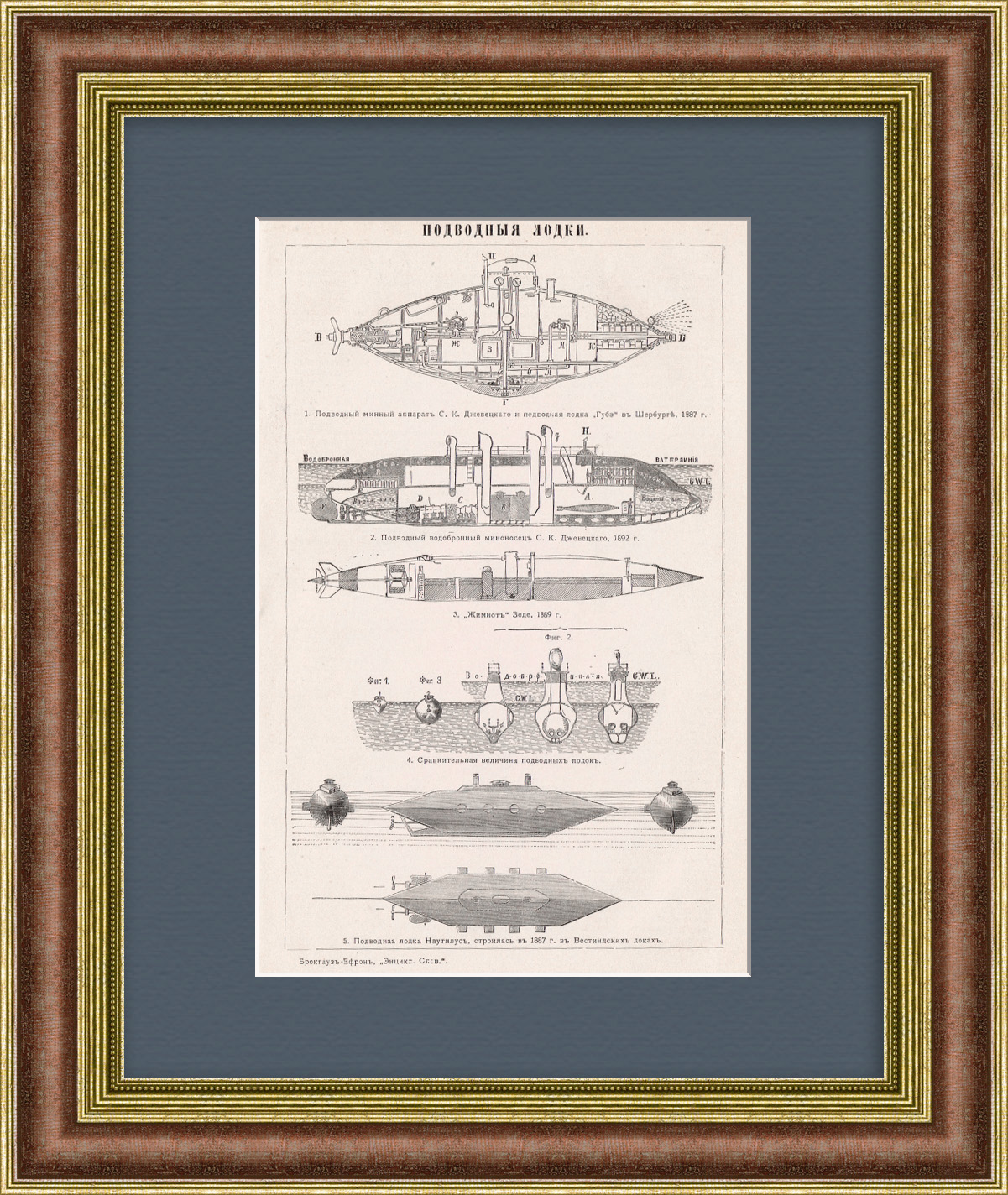 Подводные лодки. Старинная гравюра Подводные лодки. Старинная гравюра