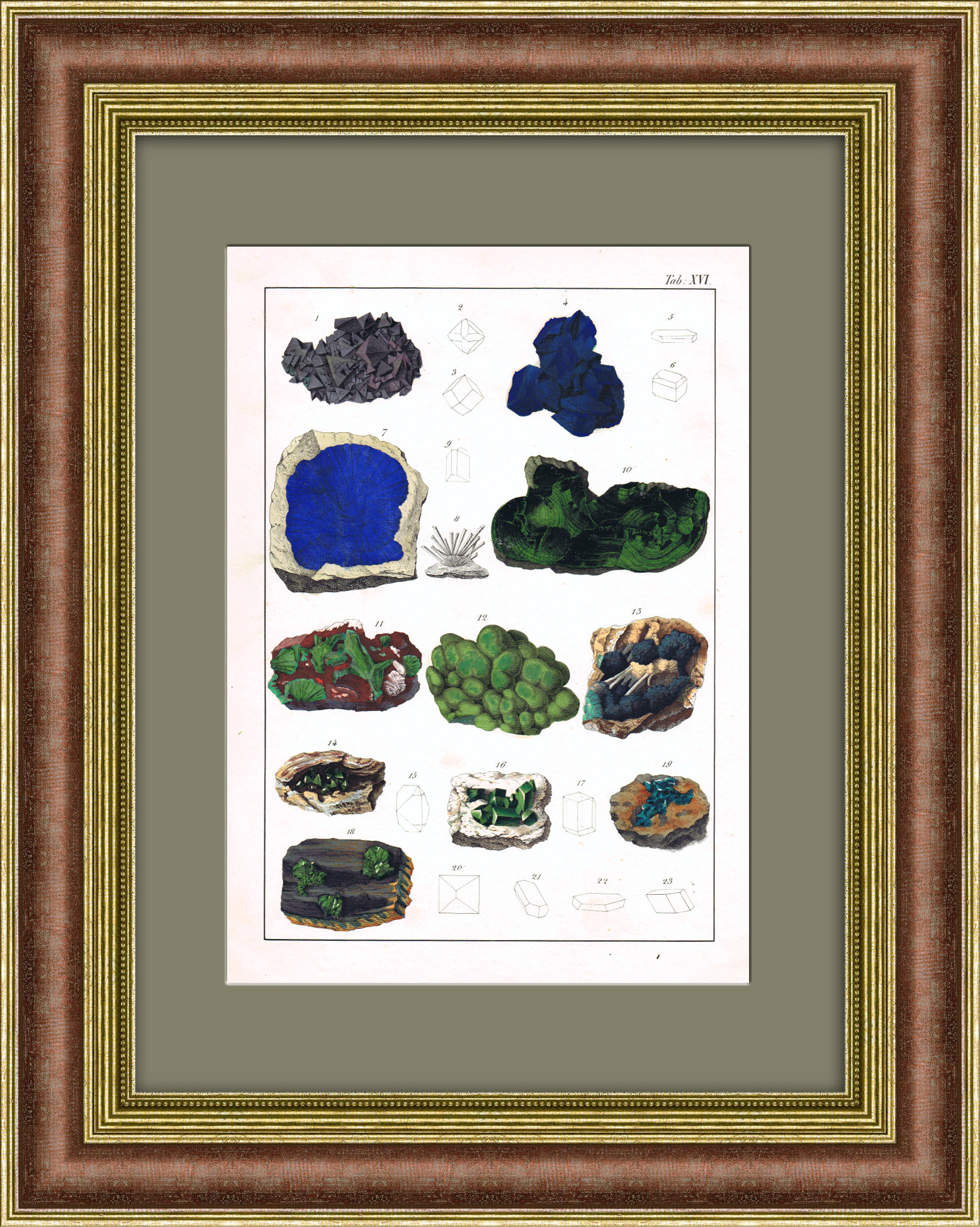 Малахит, азурит, пирит и другие. Редкая гравюра 19 века с ручной раскраской Малахит, азурит, пирит и другие. Редкая гравюра 19 века с ручной раскраской