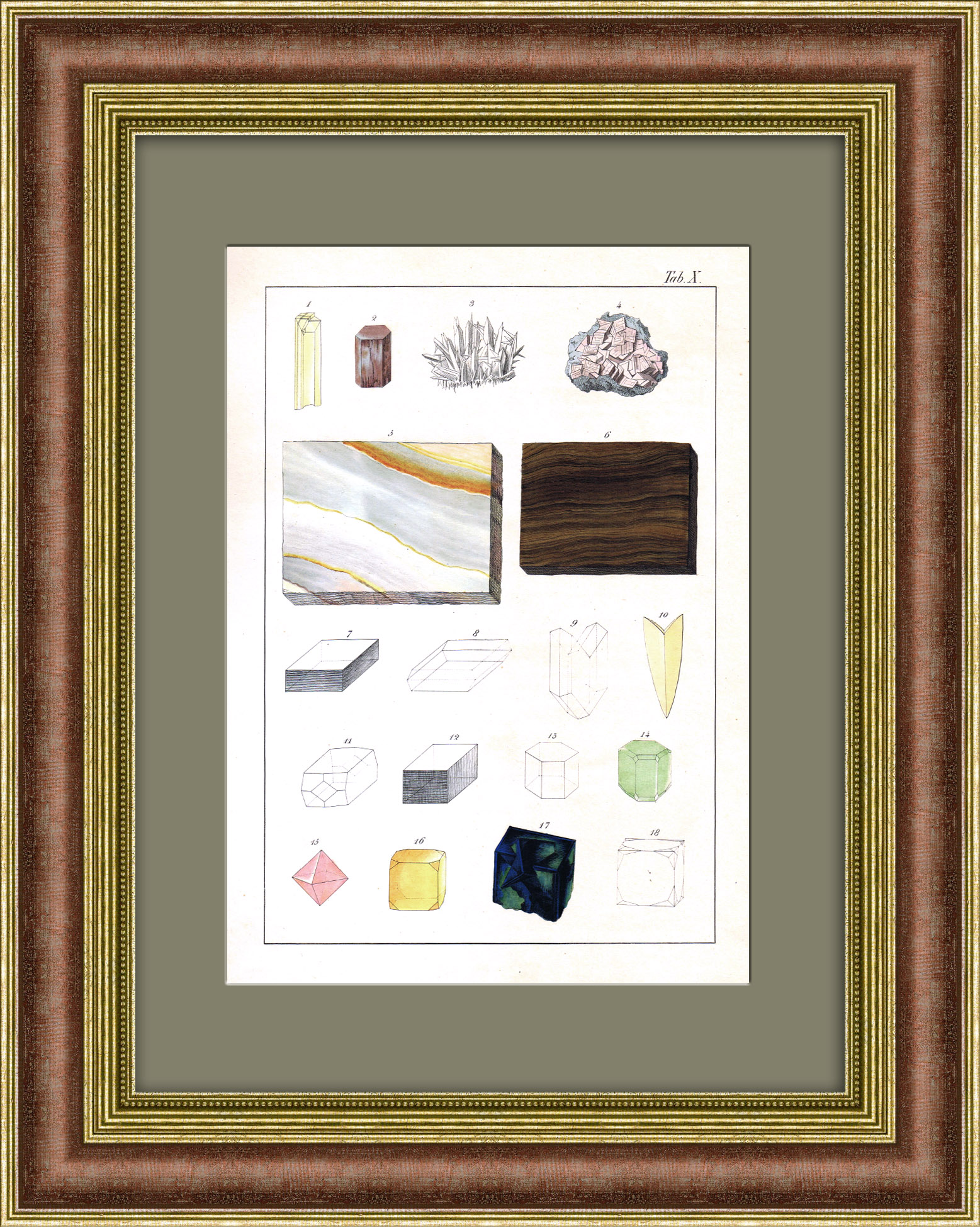 Апатит, магний, марганец, гипс. Редкая гравюра 19 века с ручной раскраской Апатит, магний, марганец, гипс. Редкая гравюра 19 века с ручной раскраской