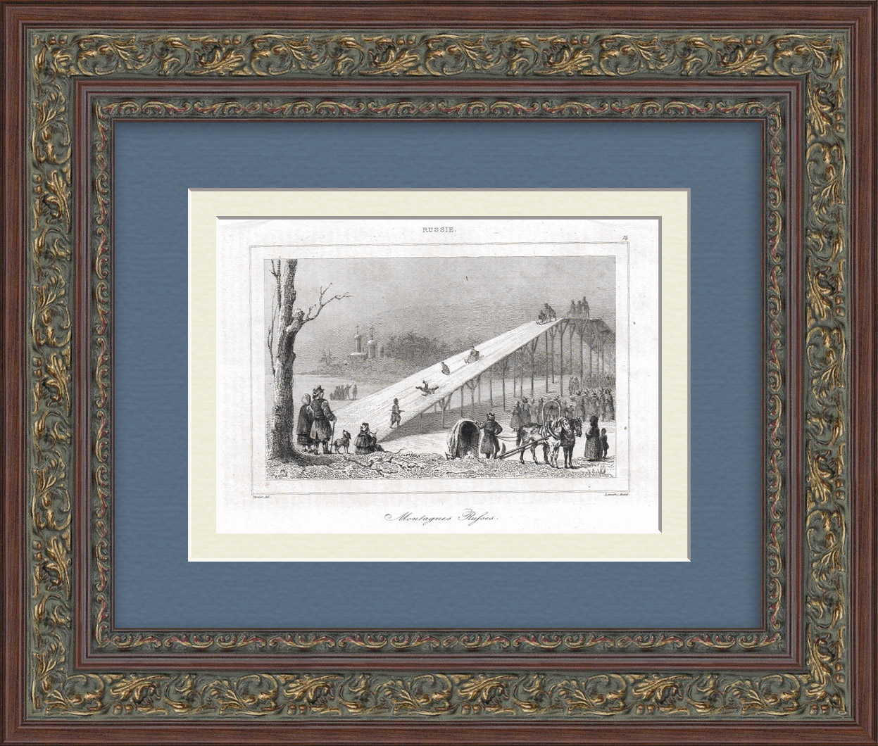 Русские зимние забавы, катание с горки. Старинная гравюра 19 века Русские зимние забавы, катание с горки. Старинная гравюра 19 века