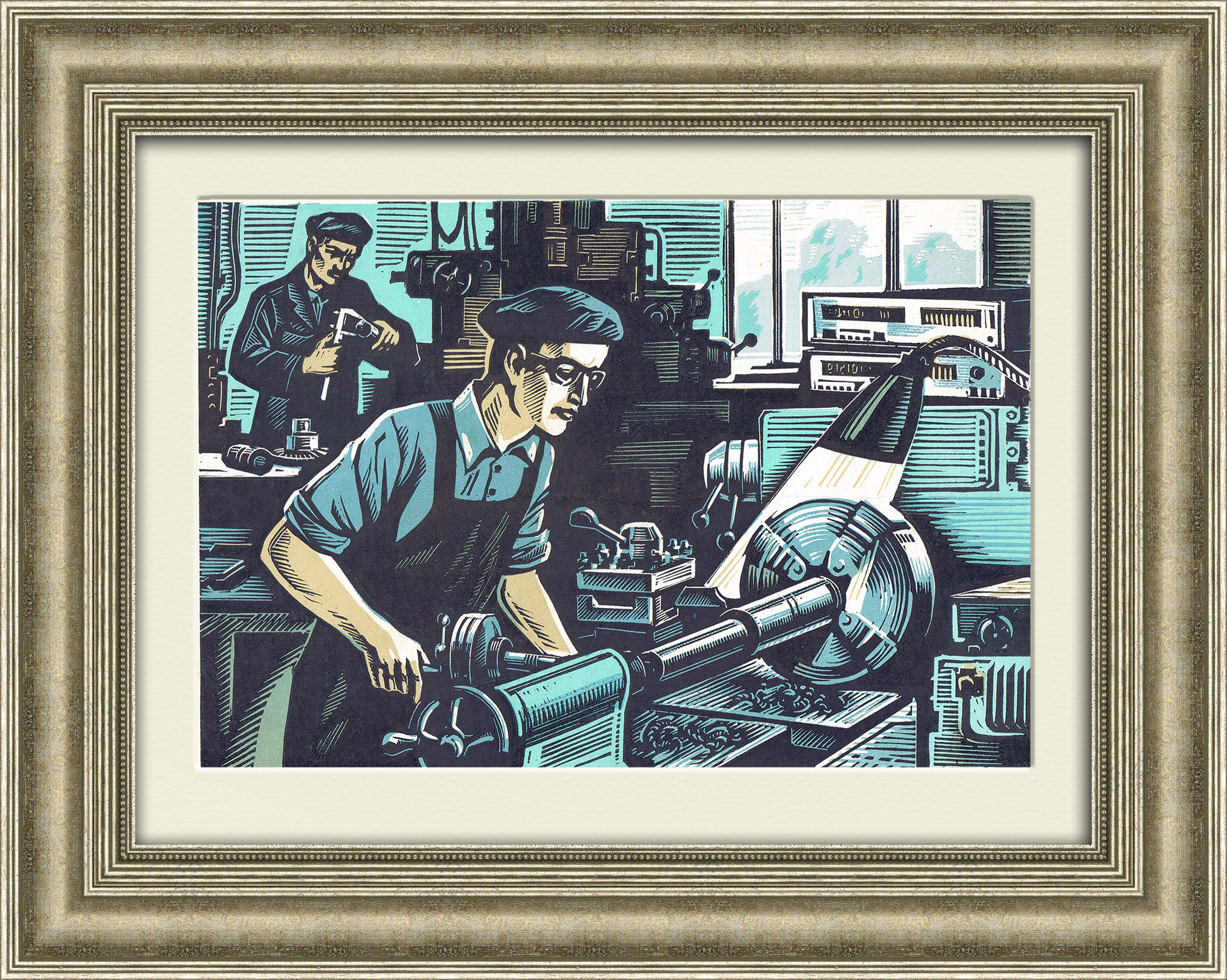 Токарь за работой. Советская линогравюра в раме Токарь за работой. Советская линогравюра в раме