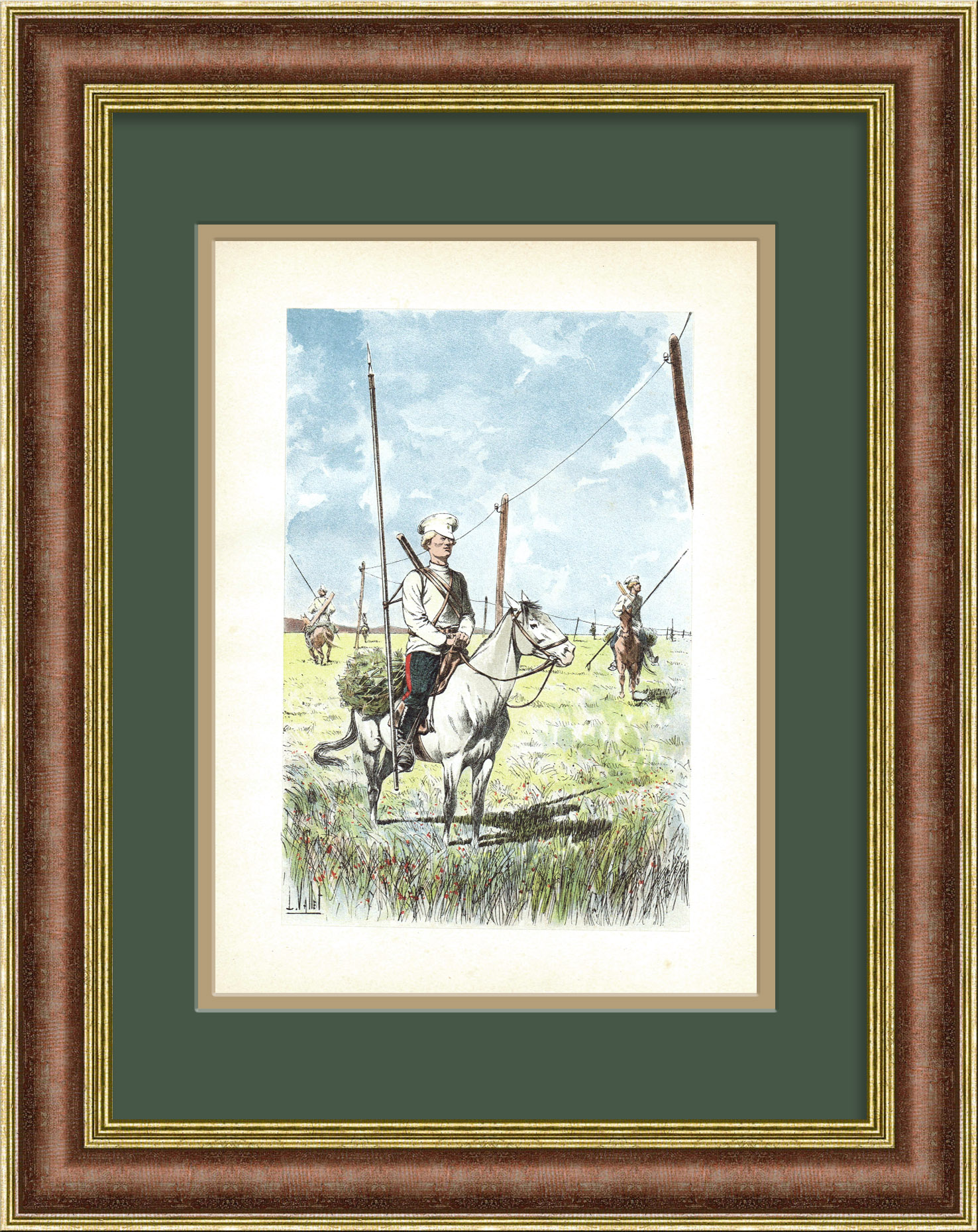 Казаки следят за телеграфной линией. Литография 1893 года Казаки следят за телеграфной линией. Литография 1893 года