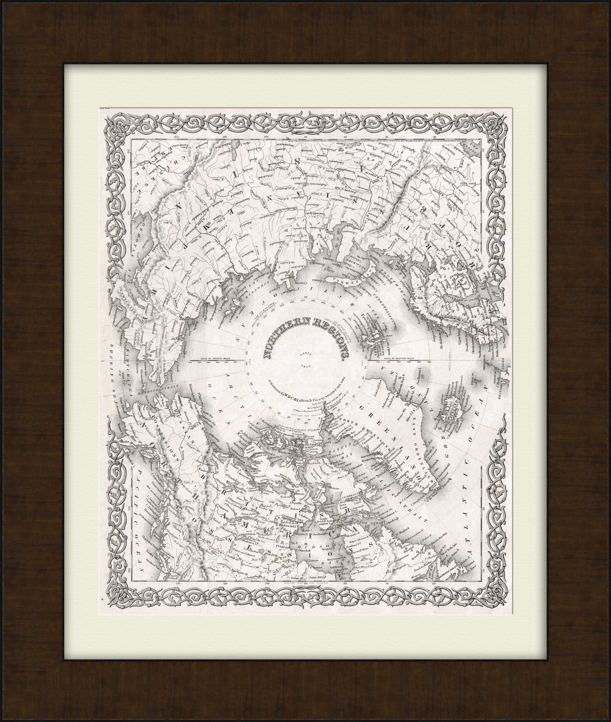 Северный полюс и прилегающие территории. Старинная карта 1855 года Северный полюс и прилегающие территории. Старинная карта 1855 года