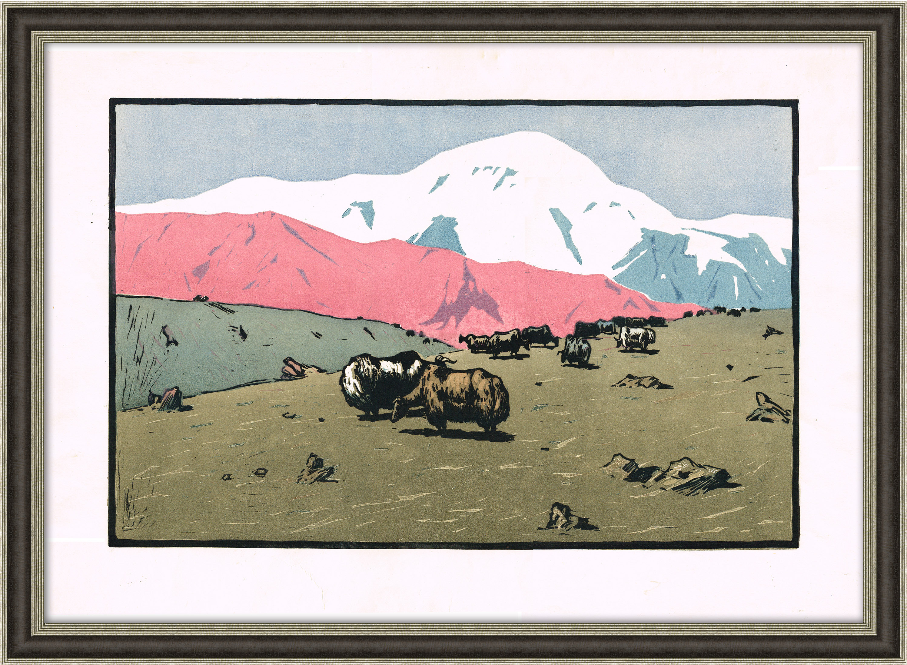 Пастбище в горах. Цветная линогравюра Пастбище в горах. Цветная линогравюра