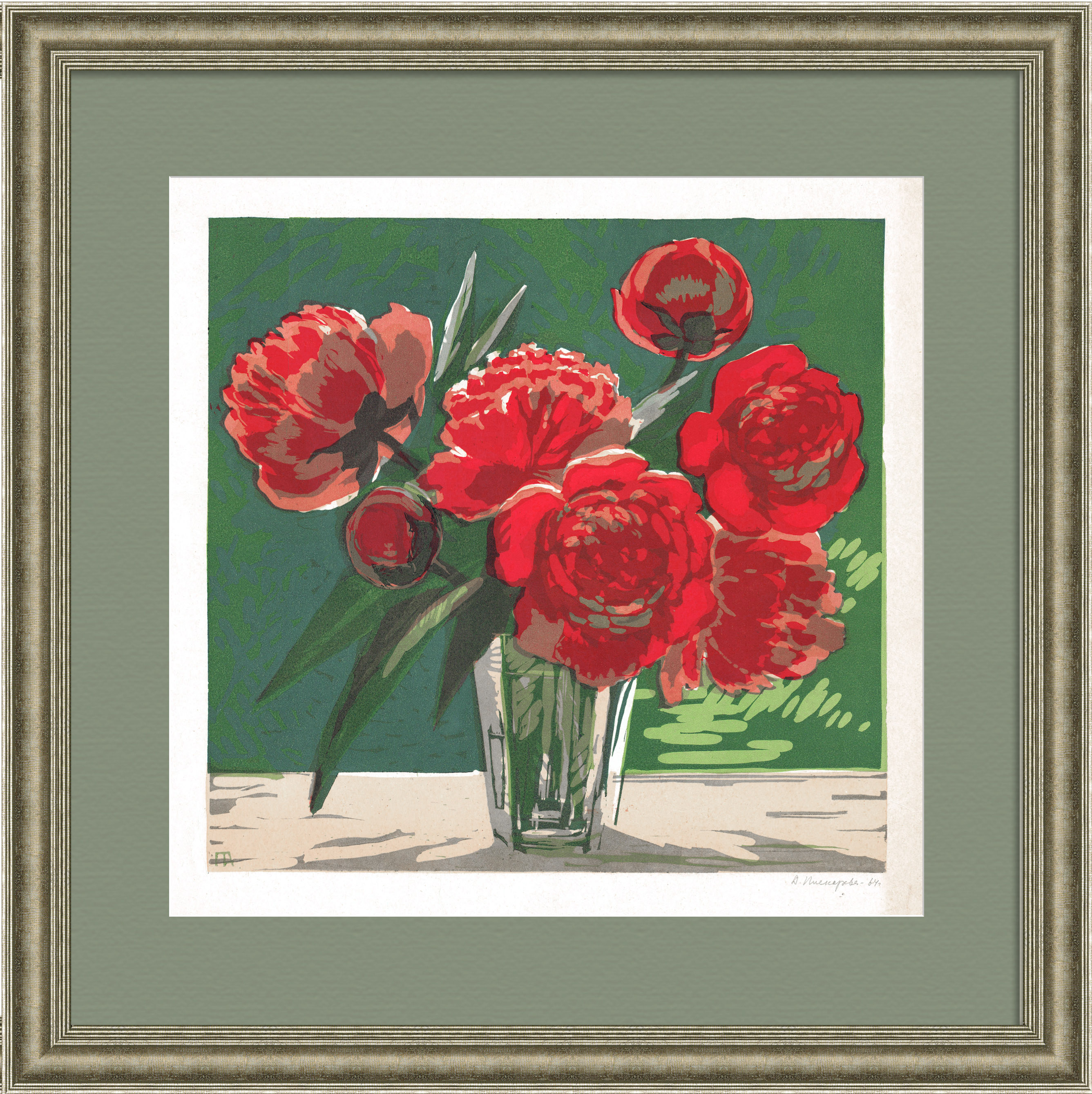 Алые пионы. Авторская линогравюра в раме Алые пионы. Авторская линогравюра в раме