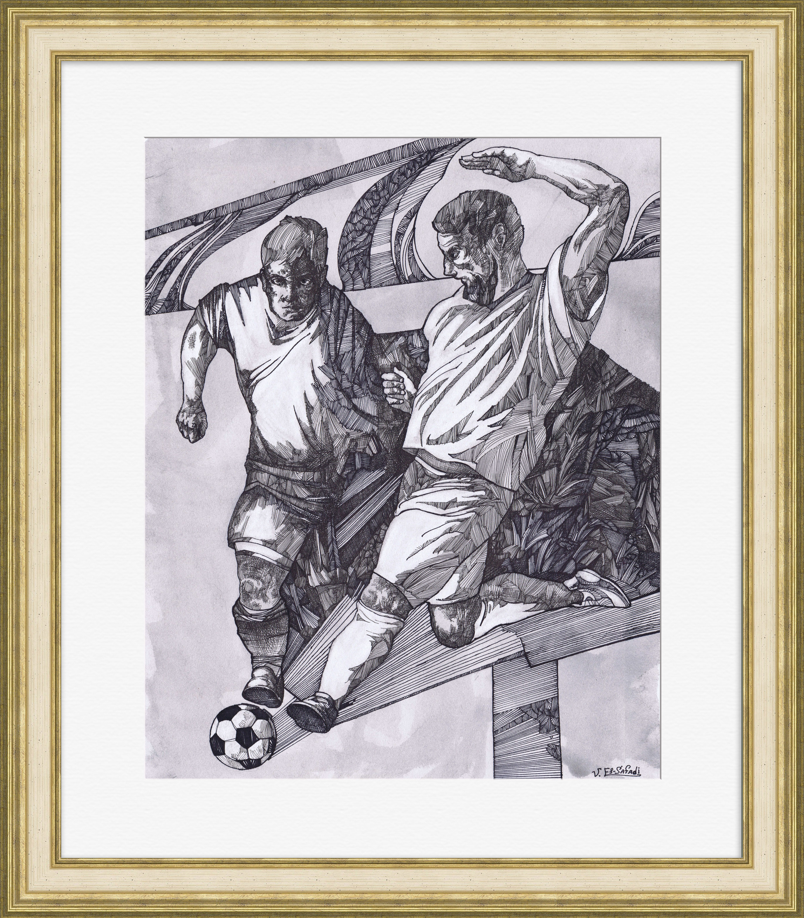 Футбол: опасный момент! Авторская графика в большой раме Футбол: опасный момент! Авторская графика в большой раме