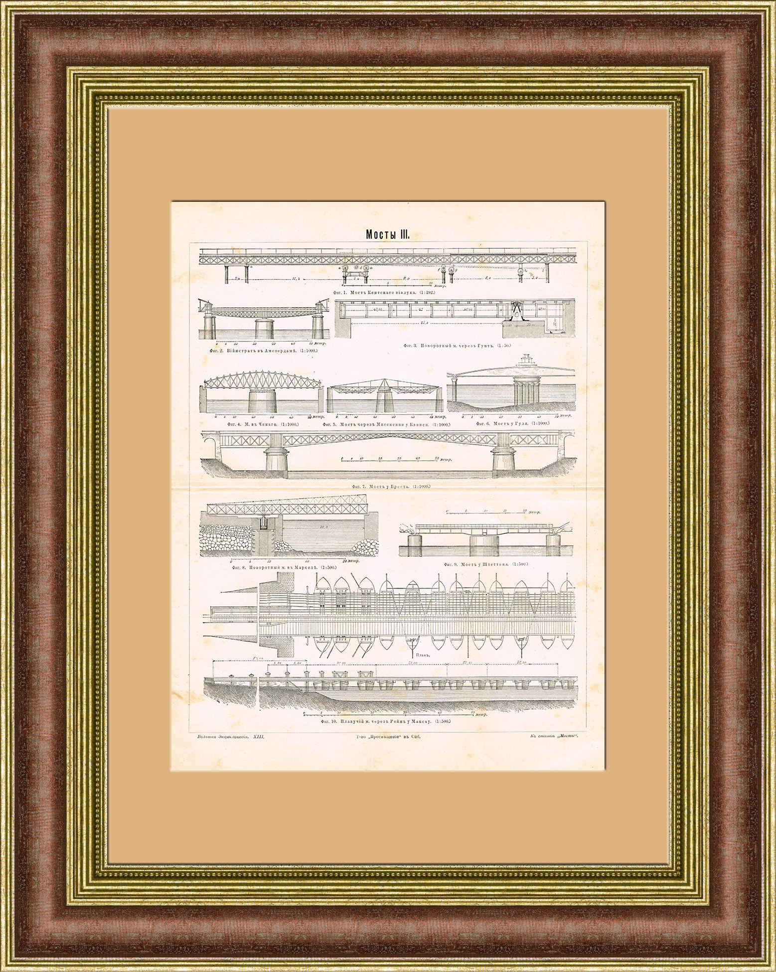 Мосты, конструкции в разрезе. Старинная литография Мосты, конструкции в разрезе. Старинная литография