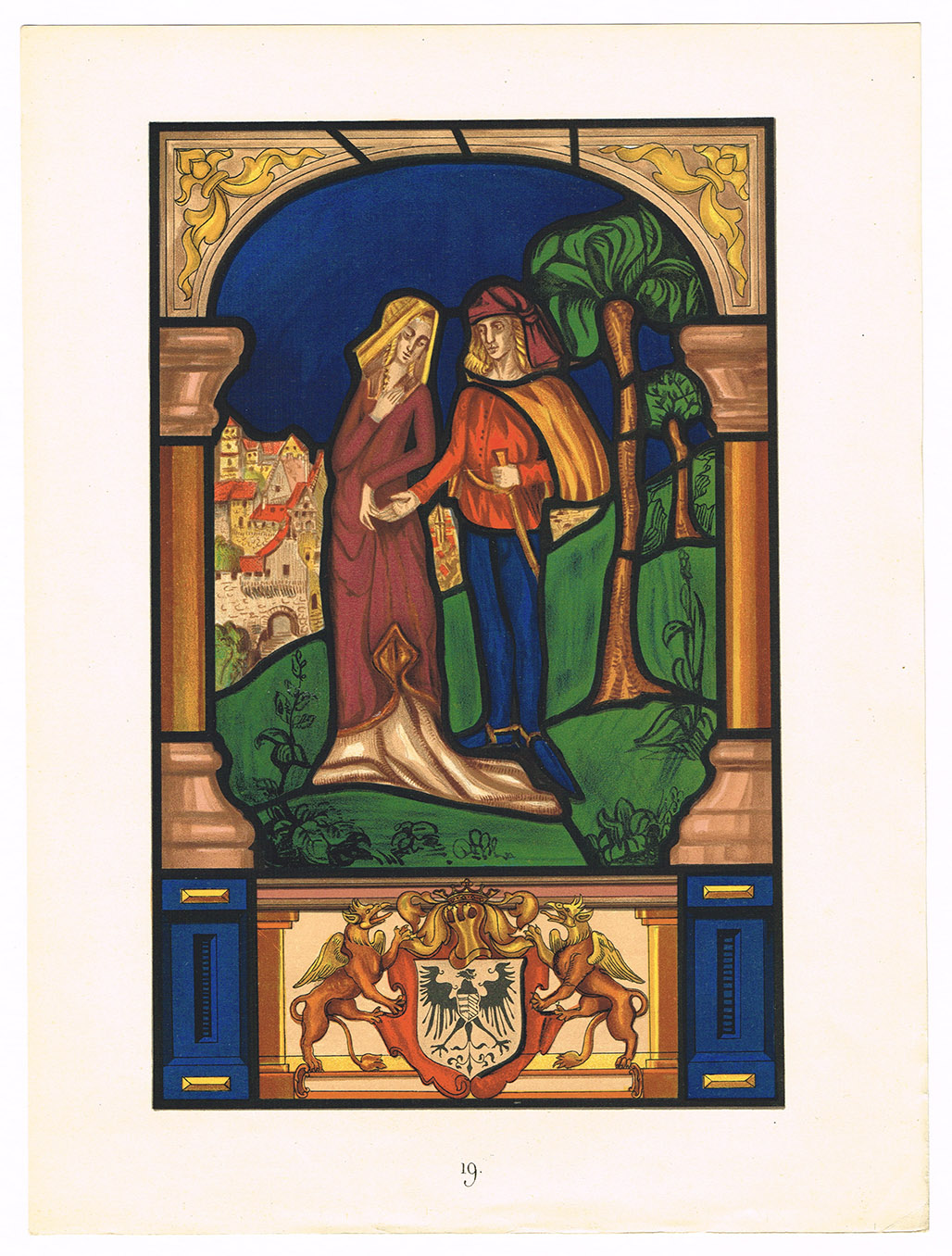 Средневековый витраж, старинная хромолитография 1912 г. Средневековый витраж, старинная хромолитография 1912 г.