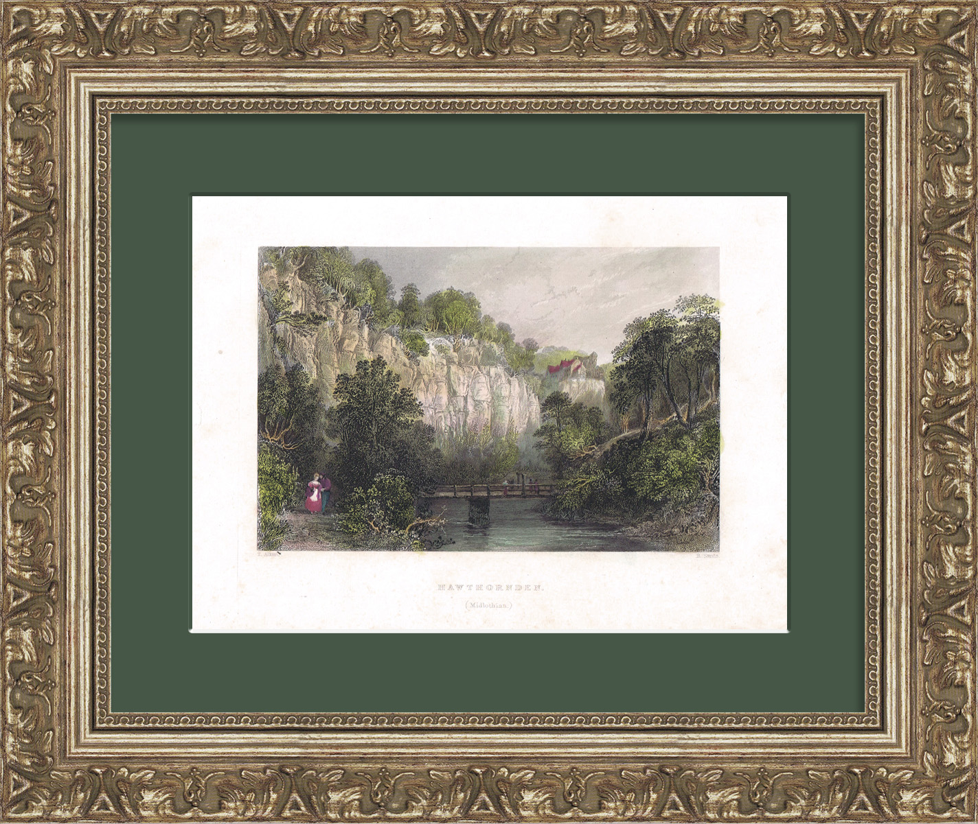 Шотландия, вид на замок Хоторнден. Антикварная гравюра 19 века Шотландия, вид на замок Хоторнден. Антикварная гравюра 19 века