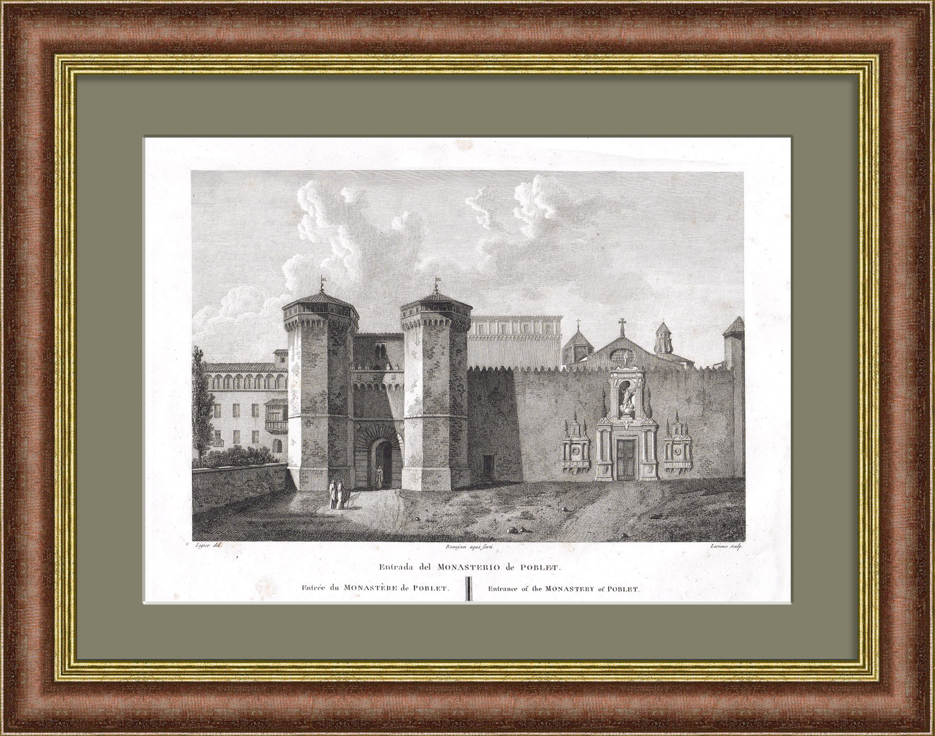 Монастырь Поблет в Испании. Редкая старинная гравюра