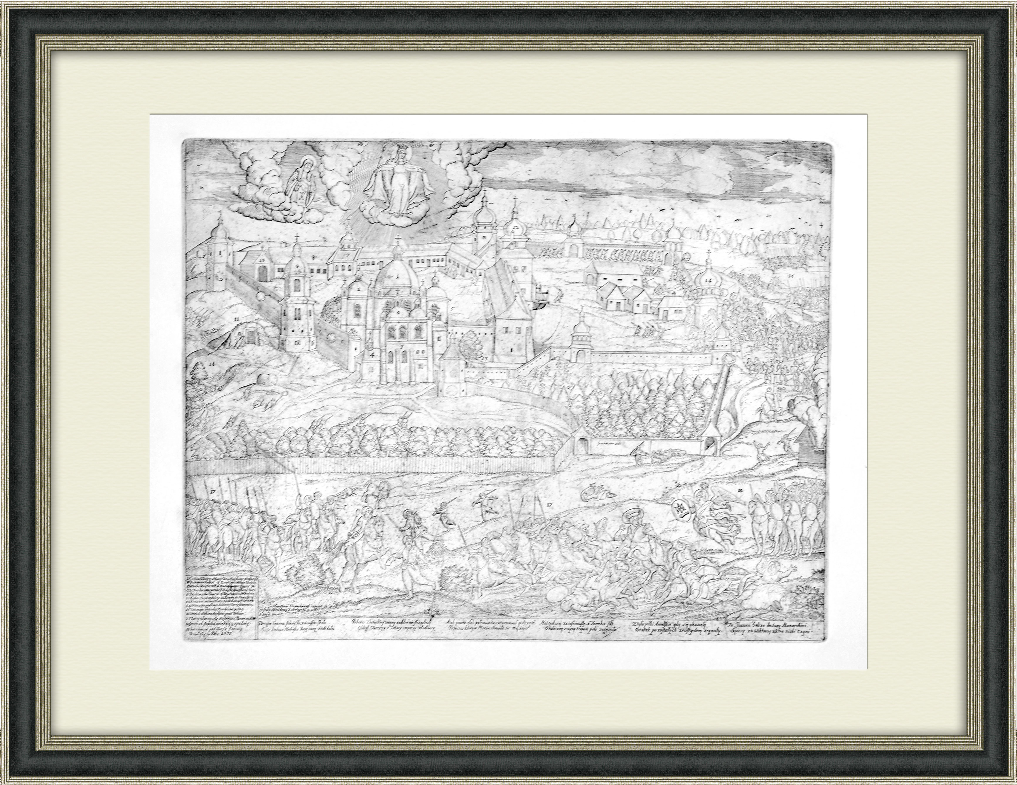 Почаевская лавра, освобождение от турецкой осады в 1675 году. Антикварный большой офорт