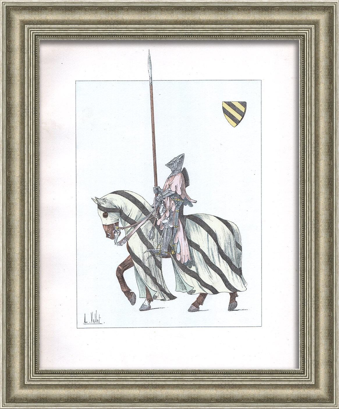 Французский конный рыцарь 14 века в полном военном обмундировании. Старинная гравюра 19 века Французский конный рыцарь 14 века в полном военном обмундировании. Старинная гравюра 19 века