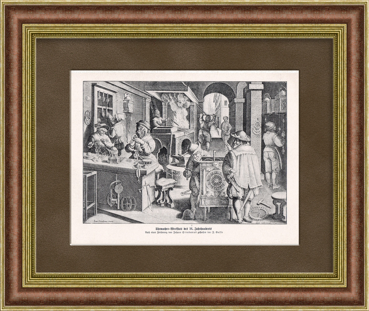 Механики-часовщики в мастерской 16 века. Старинная литография в раме Механики-часовщики в мастерской 16 века. Старинная литография в раме