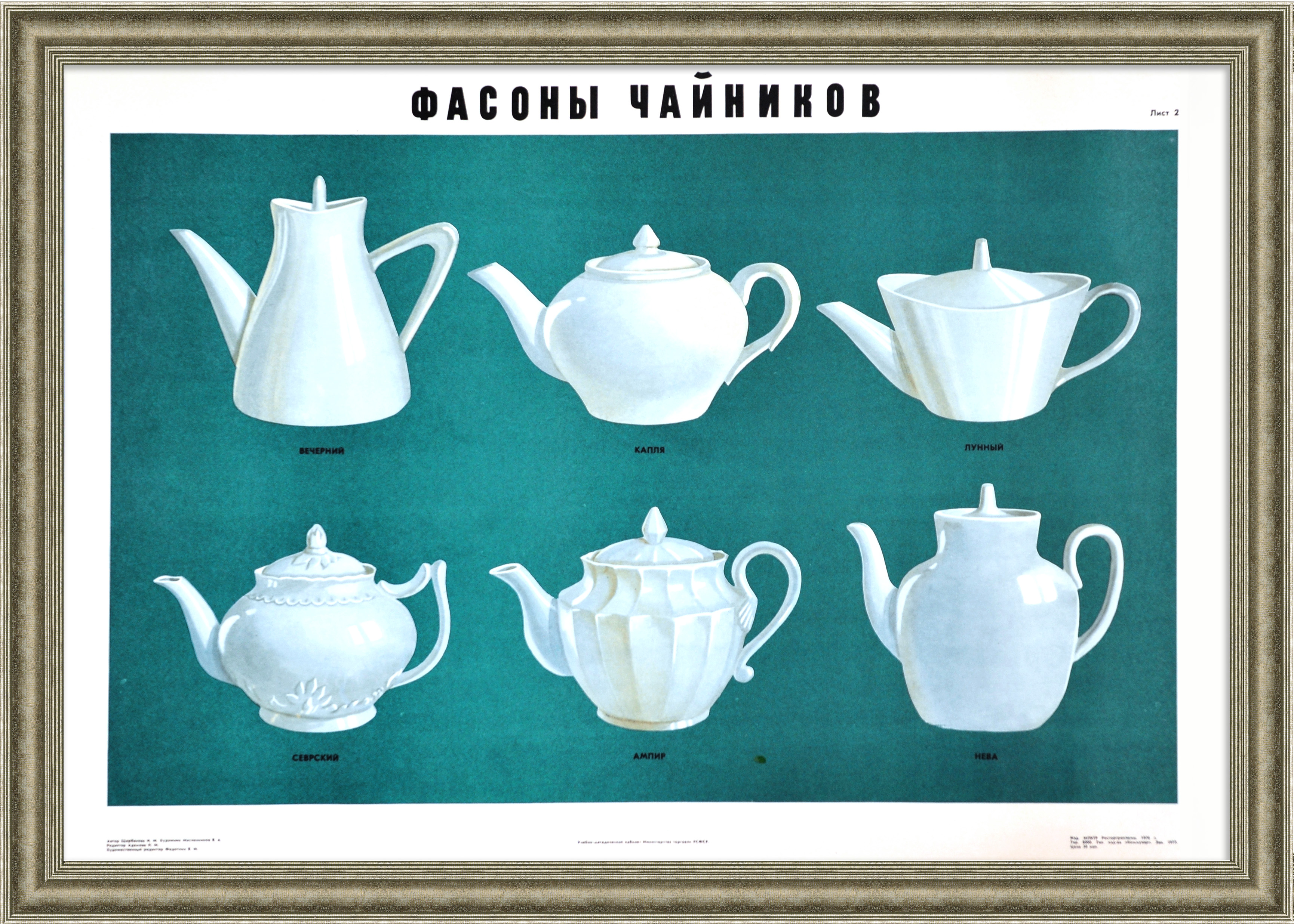 Фасоны чайников. Советский фарфор, малотиражный плакат Фасоны чайников. Советский фарфор, малотиражный плакат